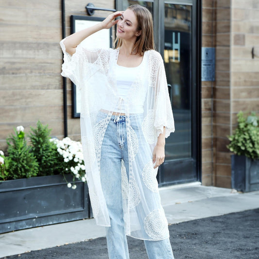 Long Lace Embroidered Kimono With Front Tie - White