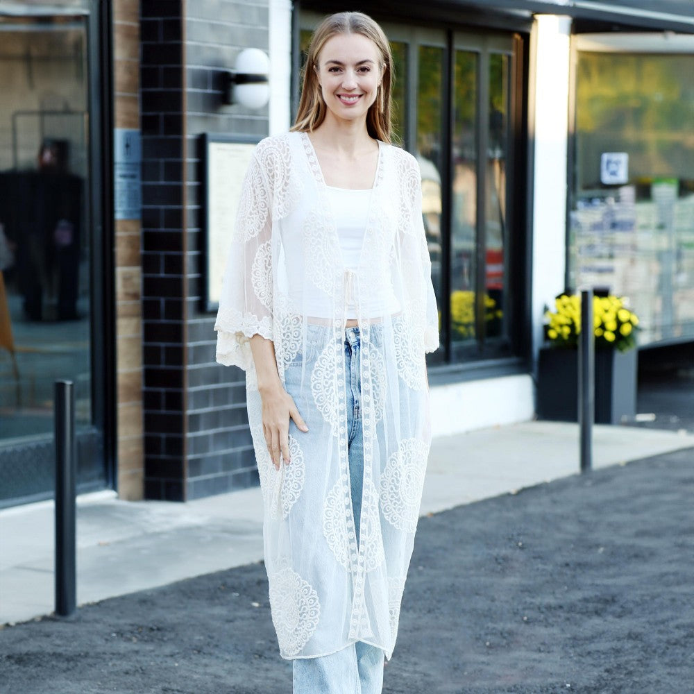 Long Lace Embroidered Kimono With Front Tie - White