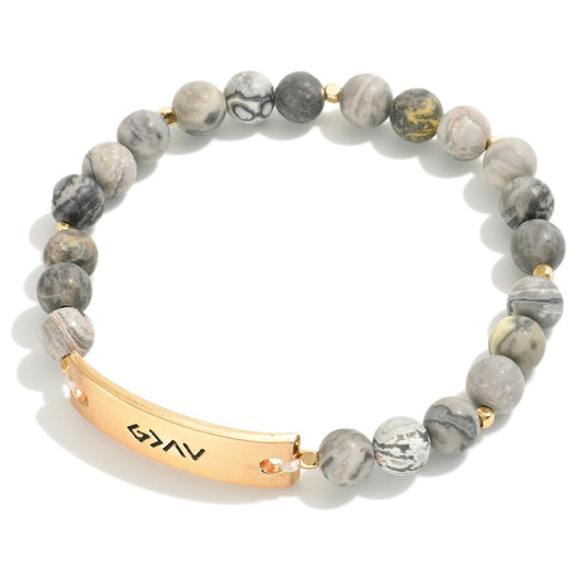 God is Greater Than the Highs and the Lows Pendant Natural Stone Beaded Stretch Bracelet Gray
