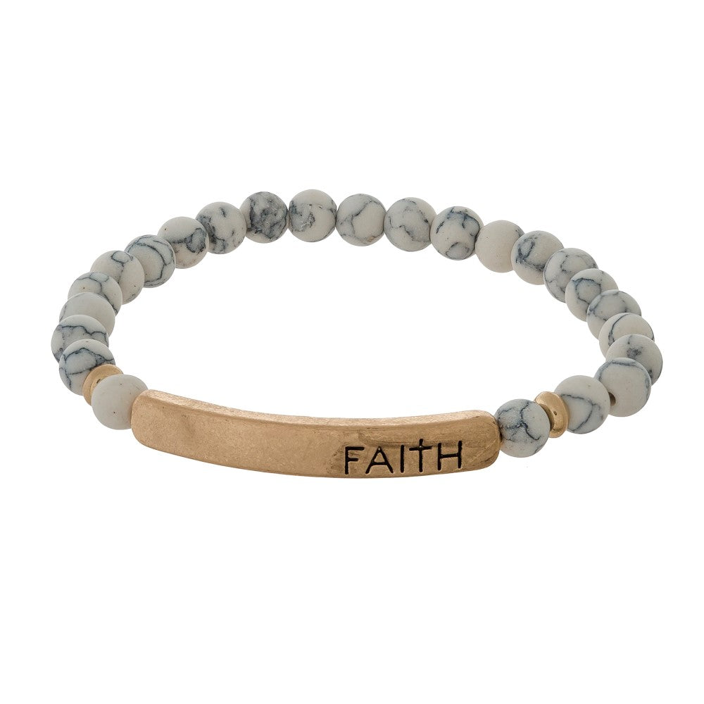 Natural Stone Beaded Faith Bar Stretch Bracelet Howlite