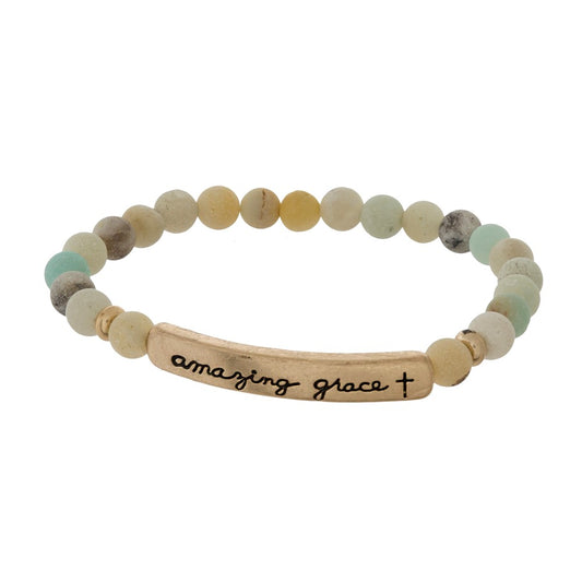 Beaded stretch bracelet with a bar focal, stamped with "amazing grace." Amazonite