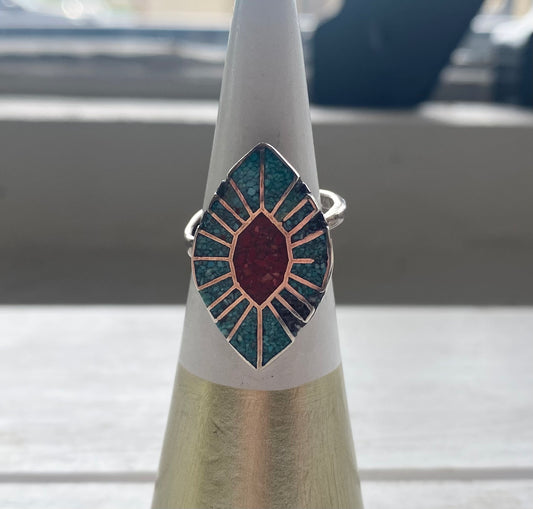 Vintage Sterling Crushed Turquoise and Coral Navajo Style Ring