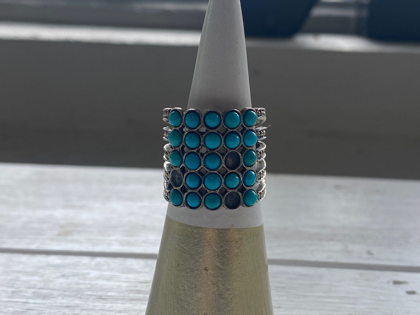 Sterling Turquoise Ring W/ Four Beaded Strands