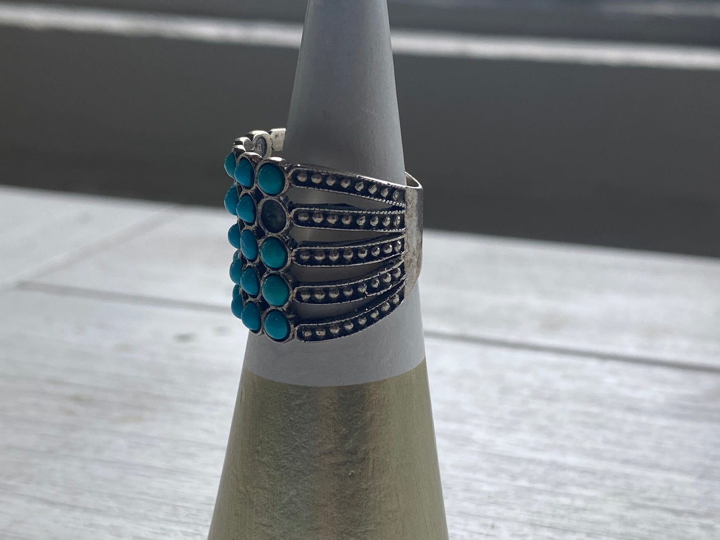 Sterling Turquoise Ring W/ Four Beaded Strands