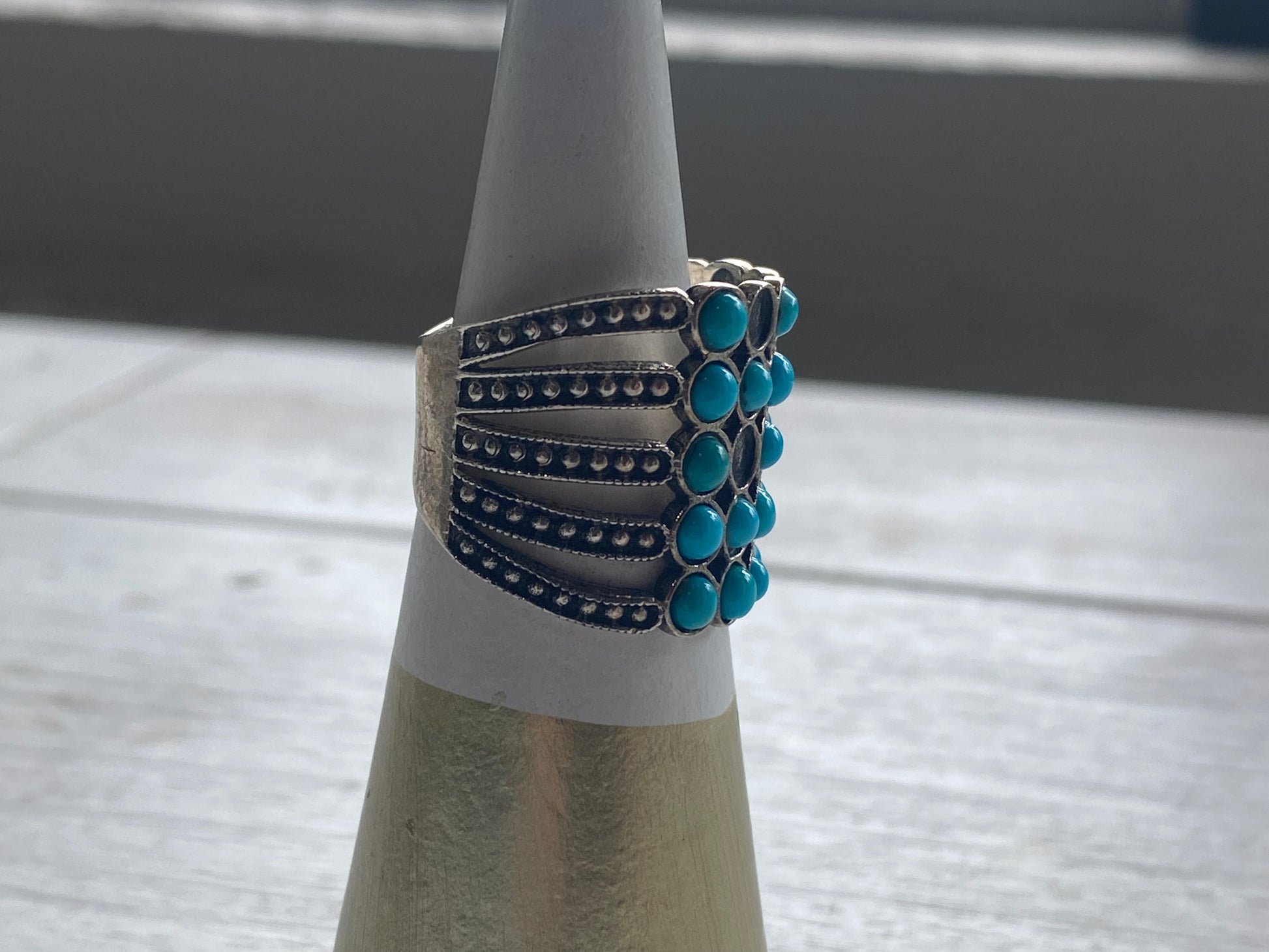 Sterling Turquoise Ring W/ Four Beaded Strands
