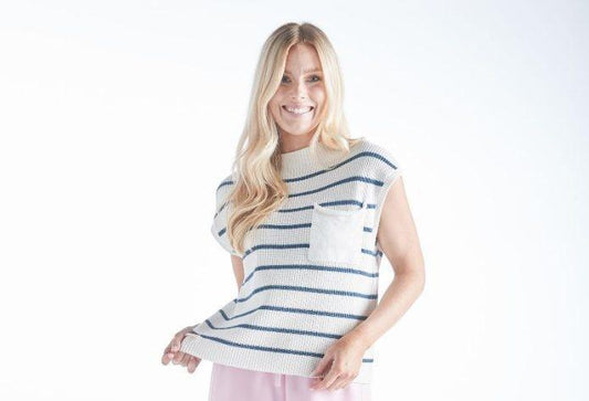 Breeze Pocket White w/Navy Stripes Blue Sweater Top