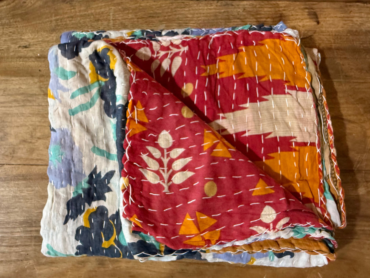 Handmade Indian Kantha Reversible Quilt Blue Green Floral