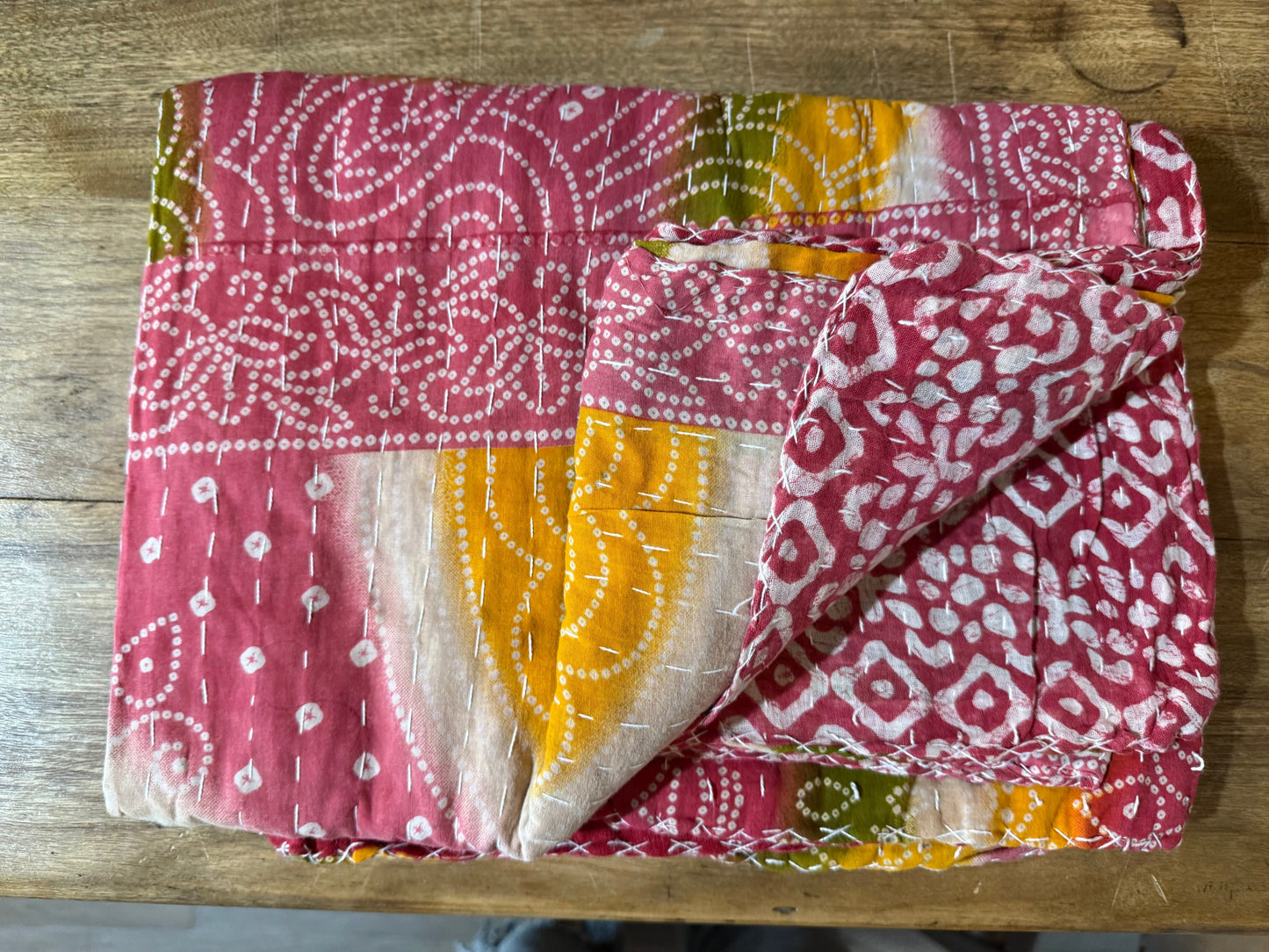 Handmade Indian Kantha Reversible Quilt Pink Yellow Green