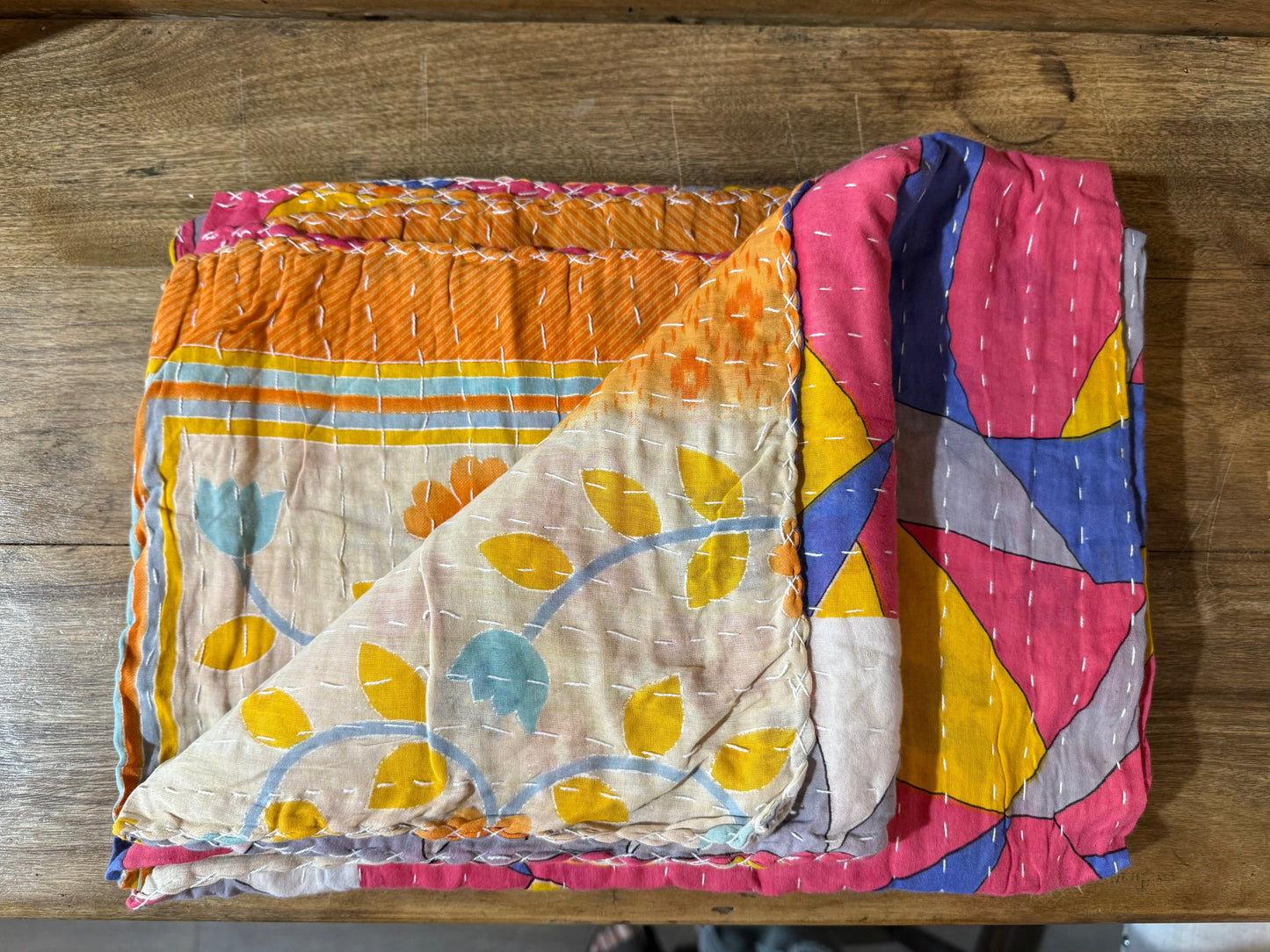 Handmade Indian Kantha Reversible Quilt Red Yellow Blue Grey Geometric
