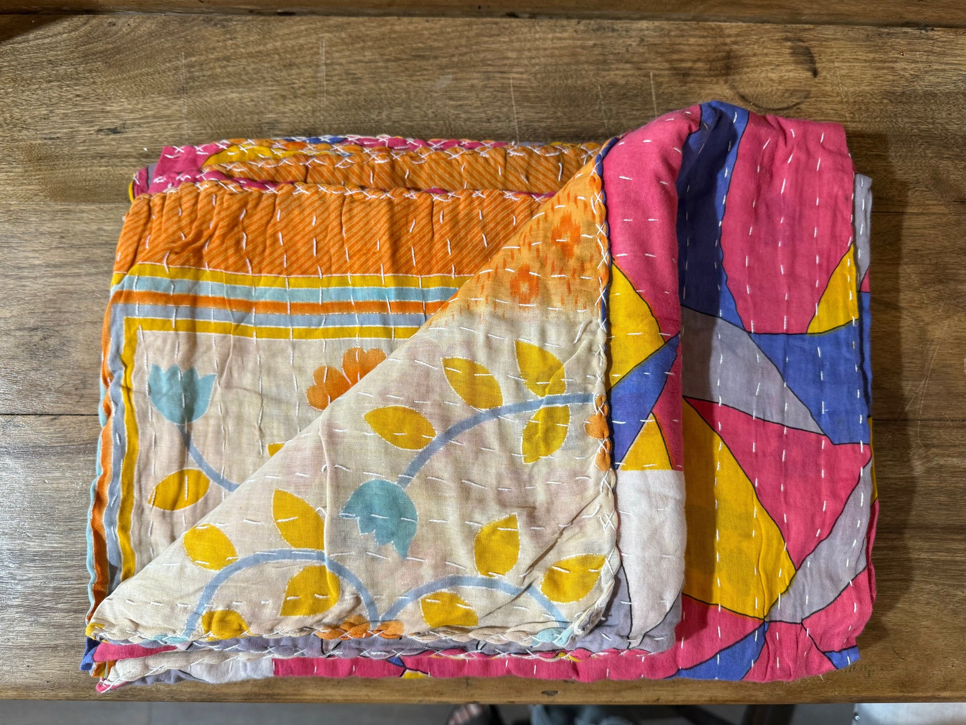 Handmade Indian Kantha Reversible Quilt Red Yellow Blue Grey Geometric