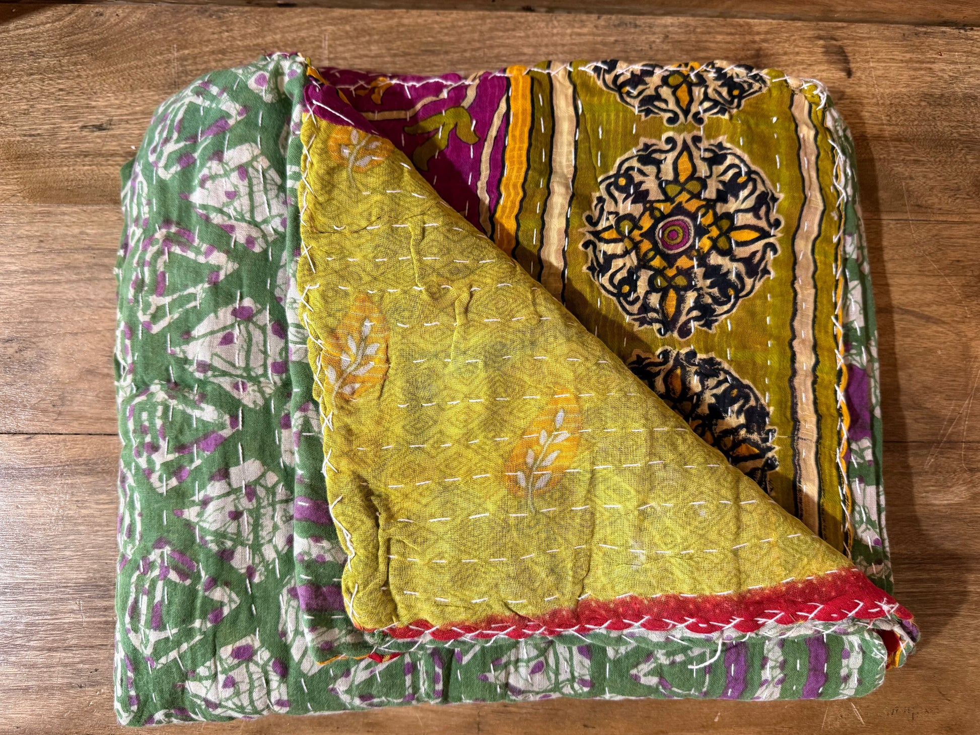 Handmade Indian Kantha Reversible Quilt Green Purple & Lime yellow Purple