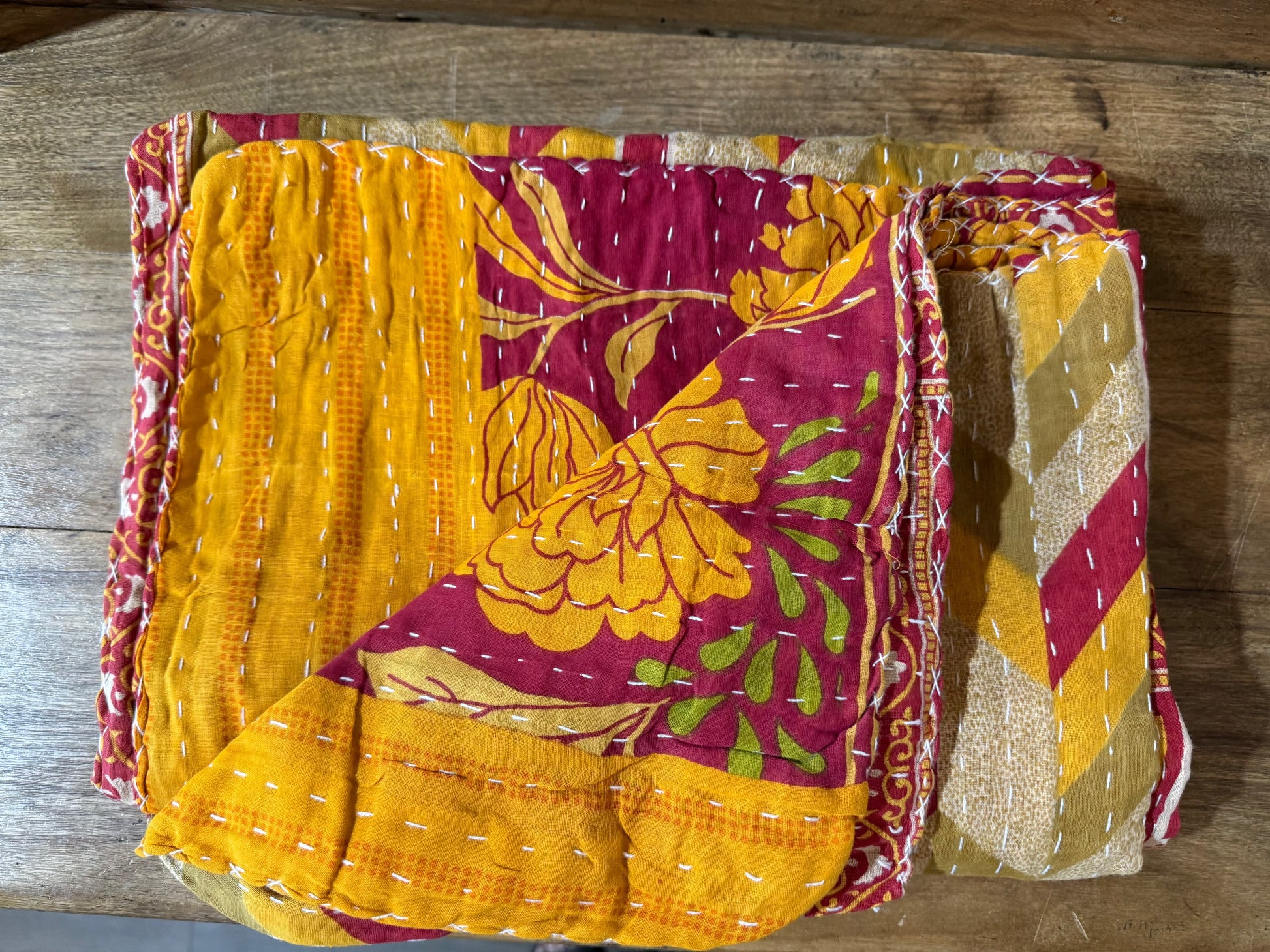 Handmade Indian Kantha Reversible Quilt Red Yellow Green Arrow