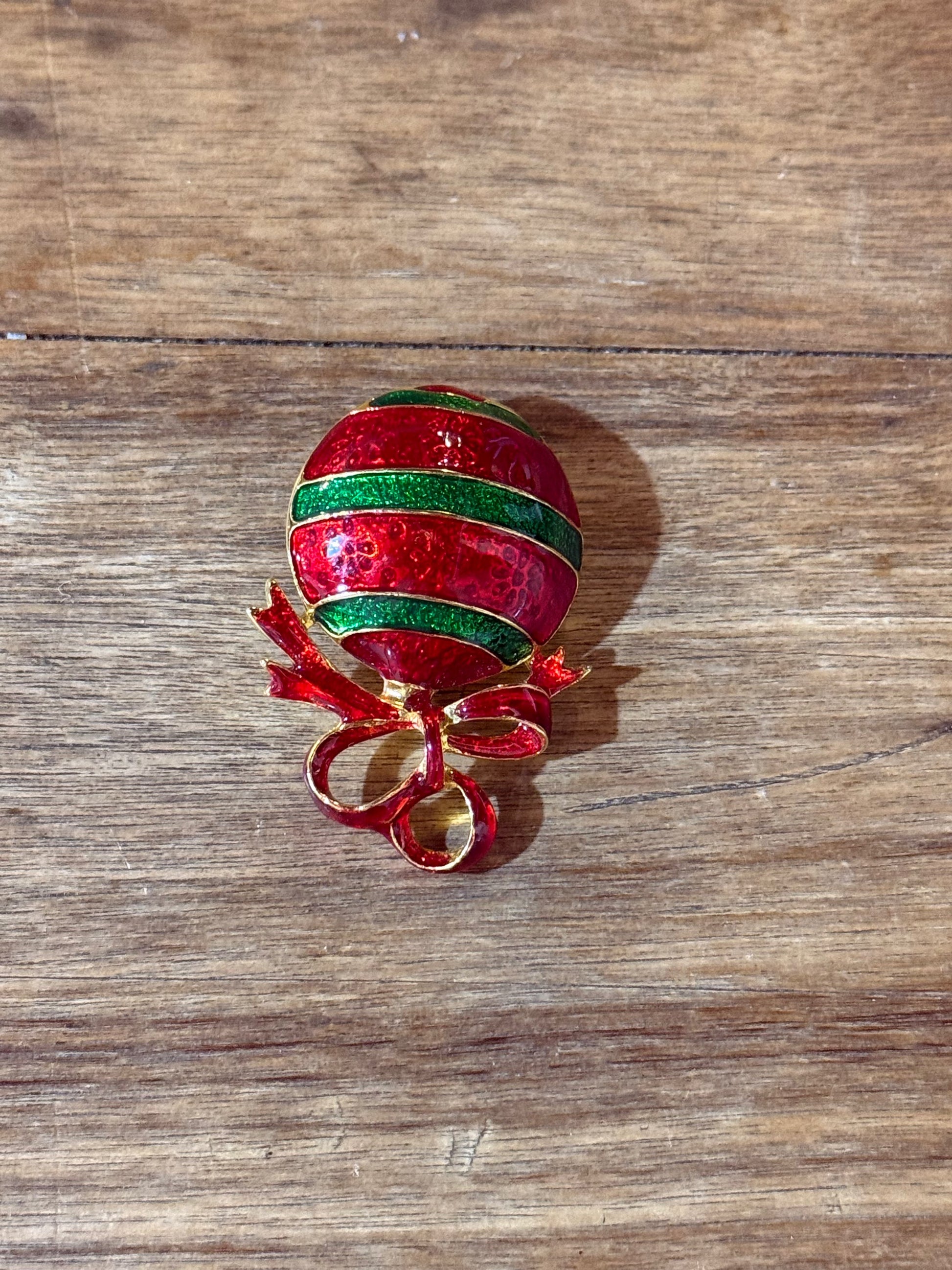 Brooch/Pin Red & Green Ornament with Bow