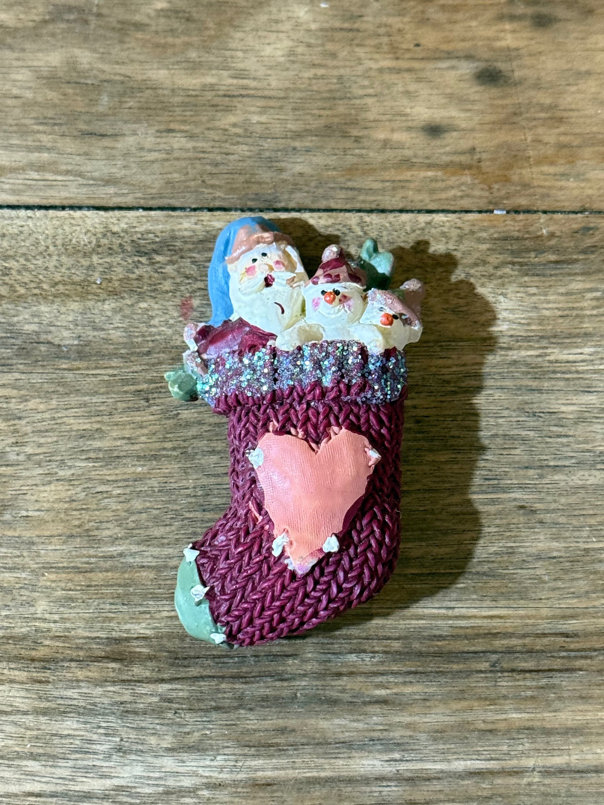 Brooch/Pin Pink Stocking with Santa & Snowmen