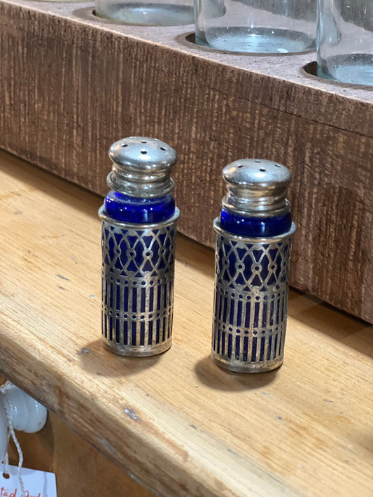 Pair of Vintage Silver Plate Cobalt Blue Shakers