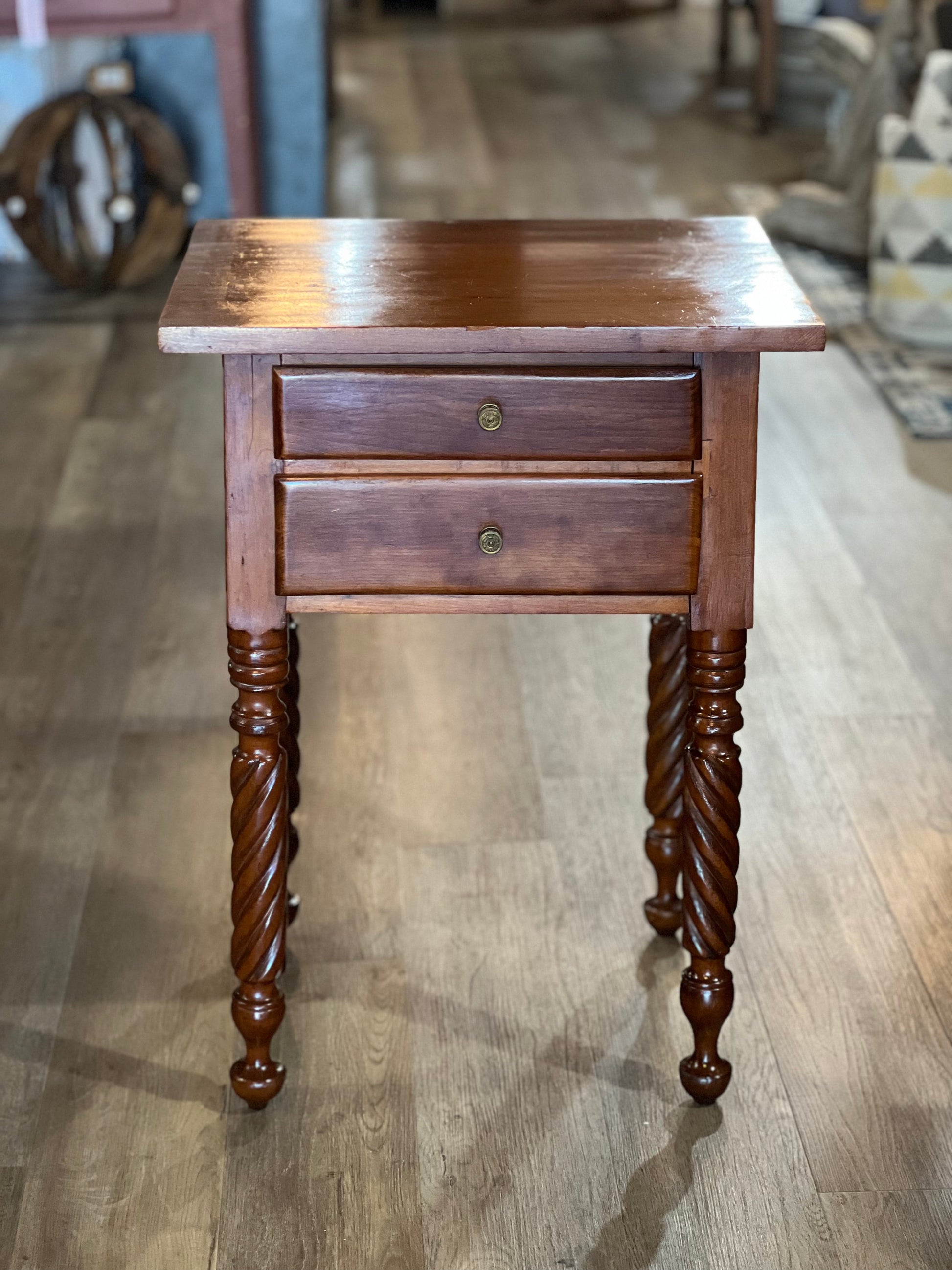 Antique Mahogany Double Drawer Side Table w/ Turned Legs