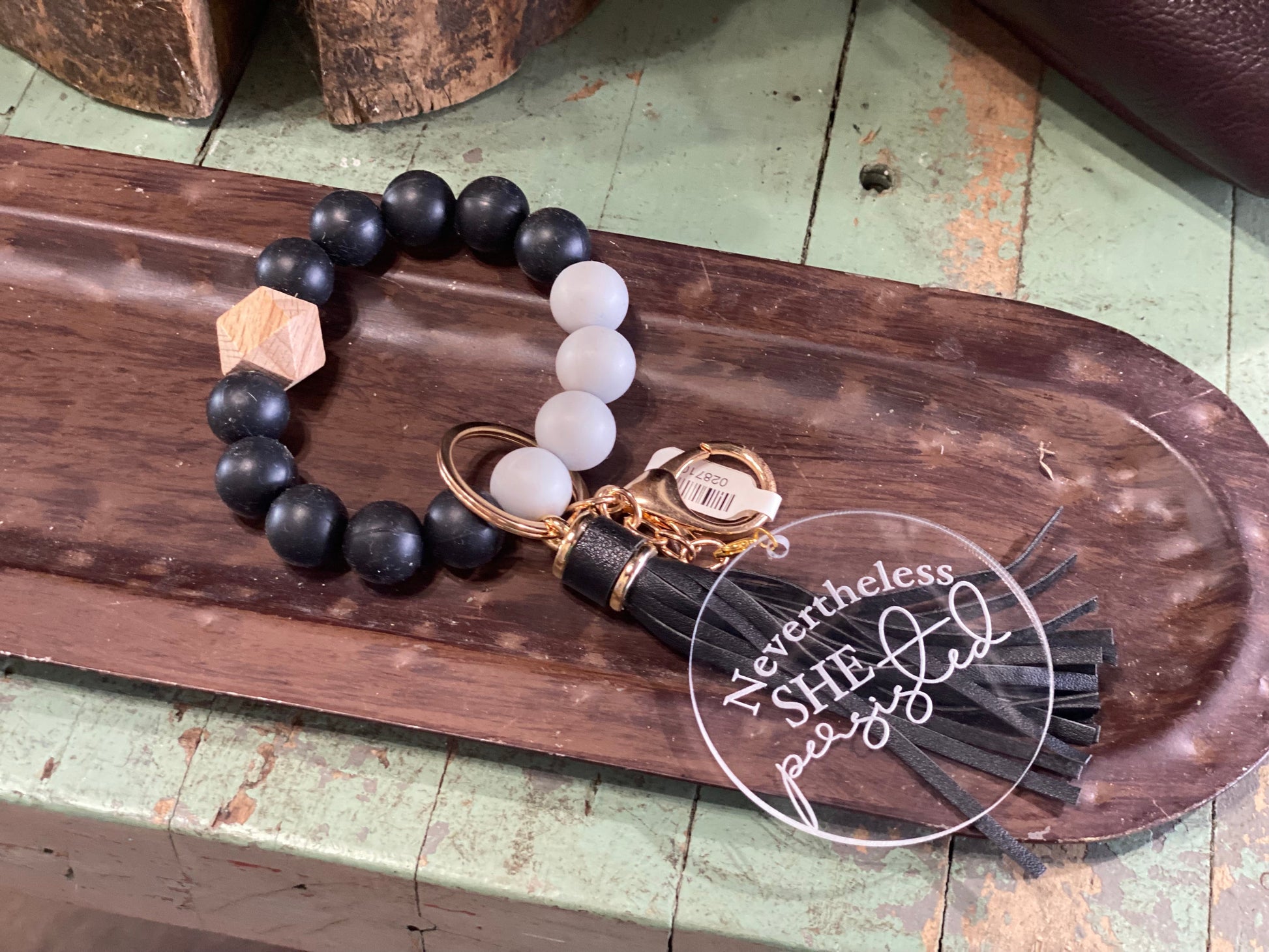 Nevertheless She Persisited SVF Black and White Grey Marble Silicone Wristlet Beaded Key Chain Bracelet with Tassel