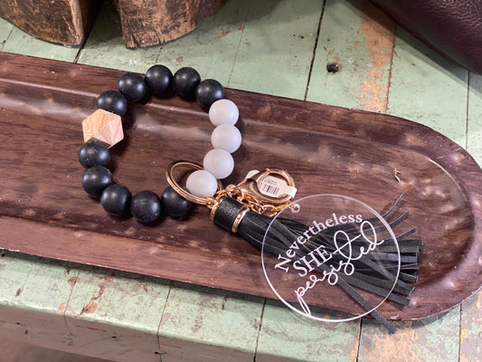 Nevertheless She Persisited SVF Black and White Grey Marble Silicone Wristlet Beaded Key Chain Bracelet with Tassel