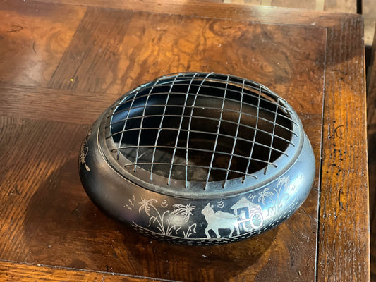 Vintage Black Metal Flower Frog Bowl