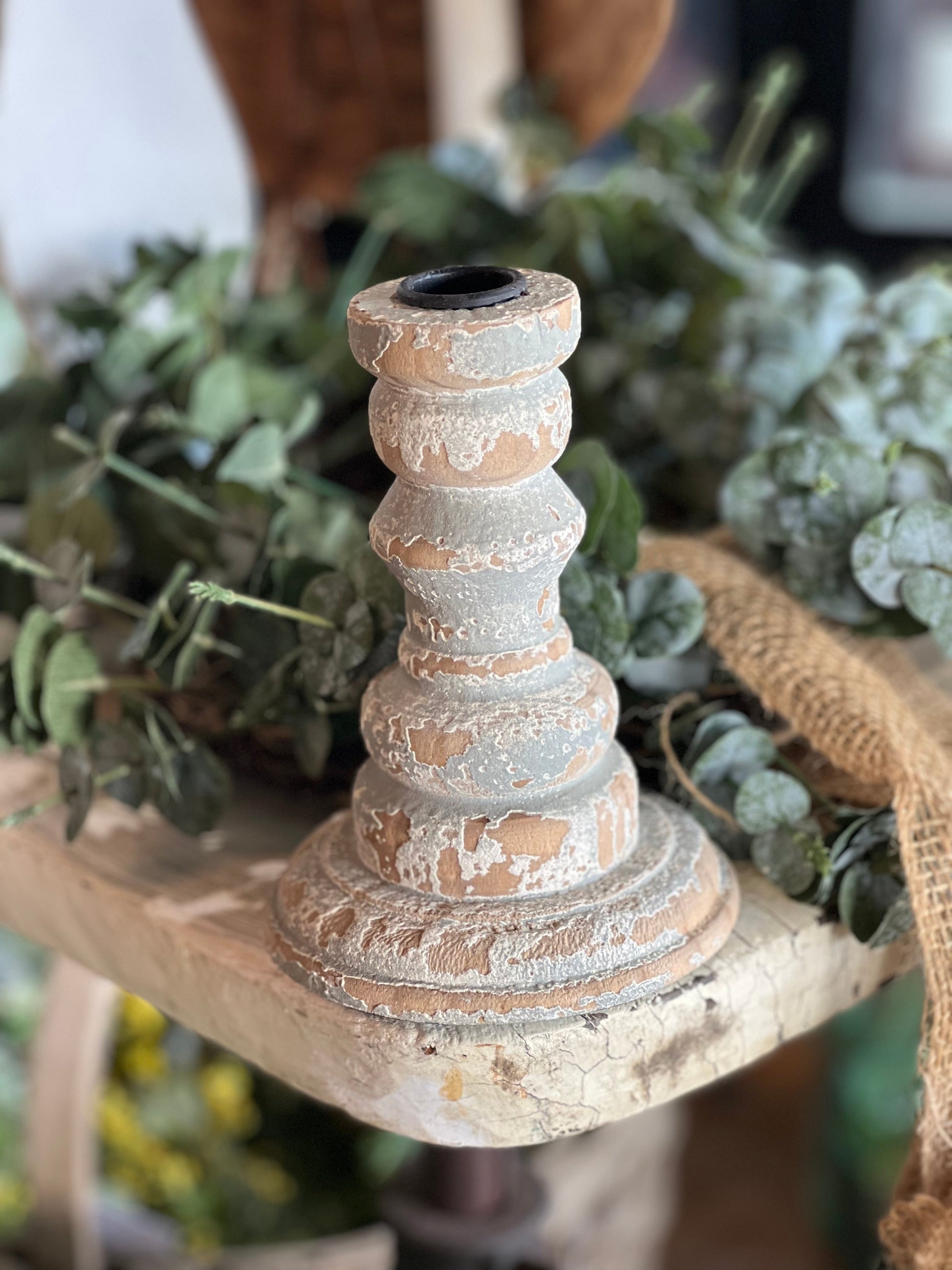 Chippy Grey-Blue Candle Holder Tall Pillar 6.5"H X 4.5"D