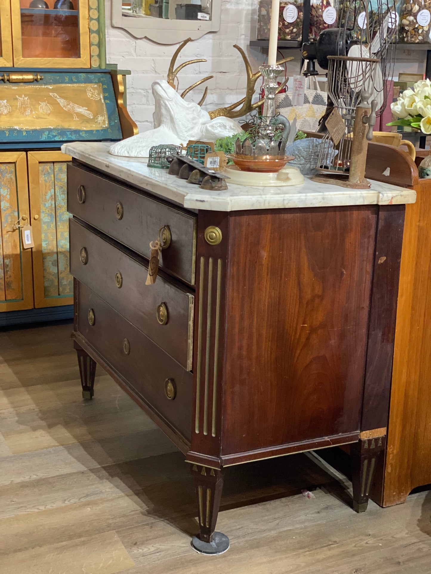 Antique 1890's Marble Top Dresser with Brass Overlay Knobs and Embellishments