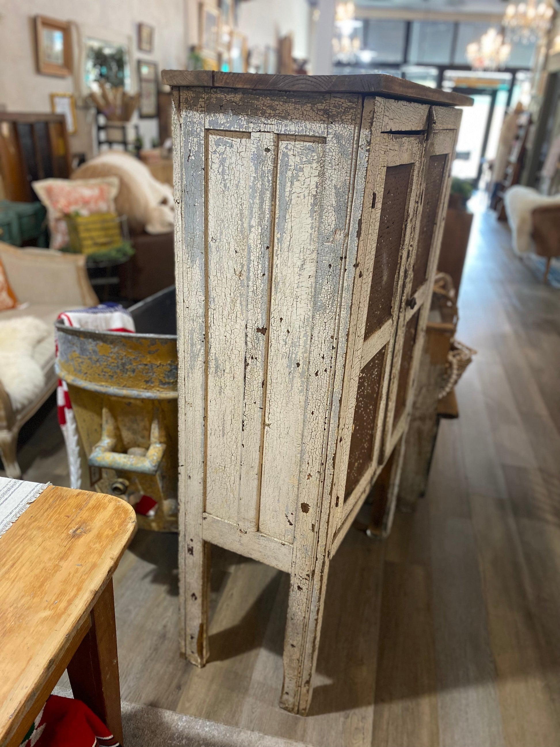 White Chippy Paint Pie Safe with Hammered Tin