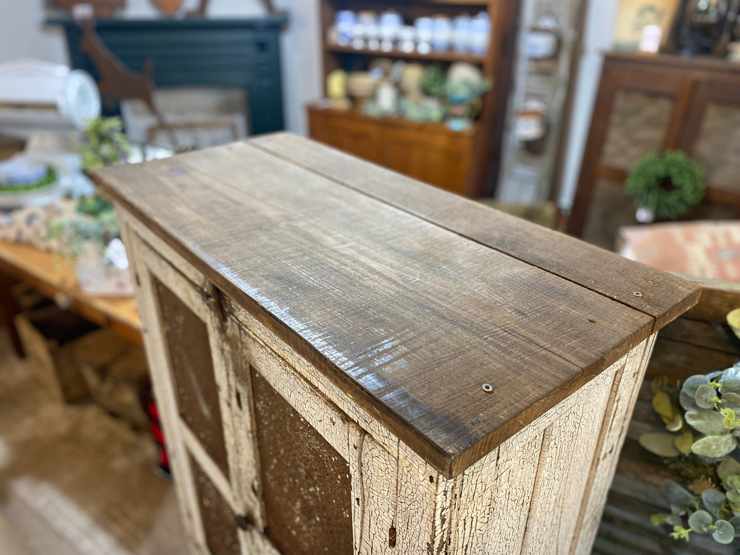 White Chippy Paint Pie Safe with Hammered Tin