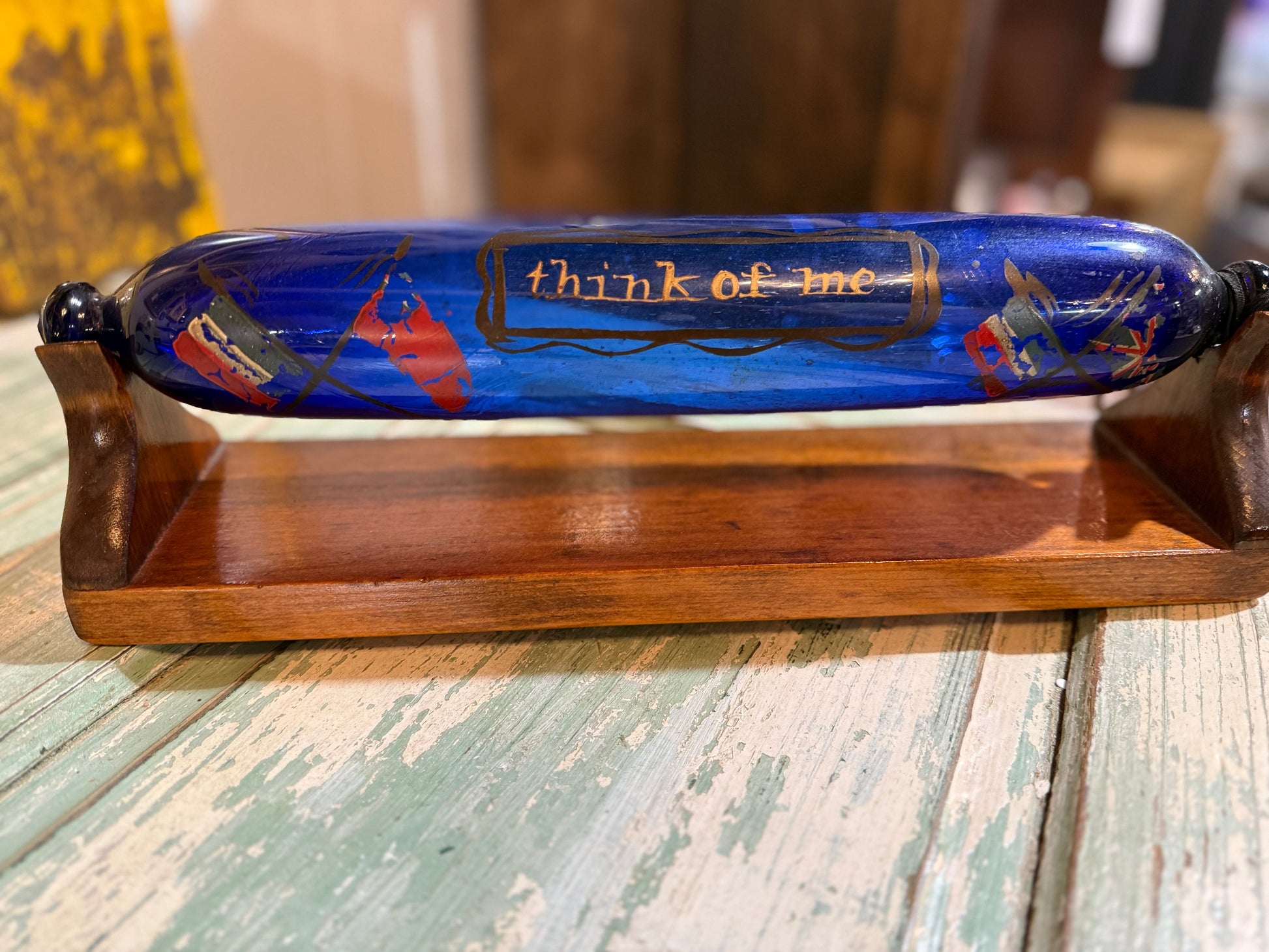 RARE Victorian Bristol Cobalt Blue Glass Rolling Pin Sailors Valentine wCustom Display Stand