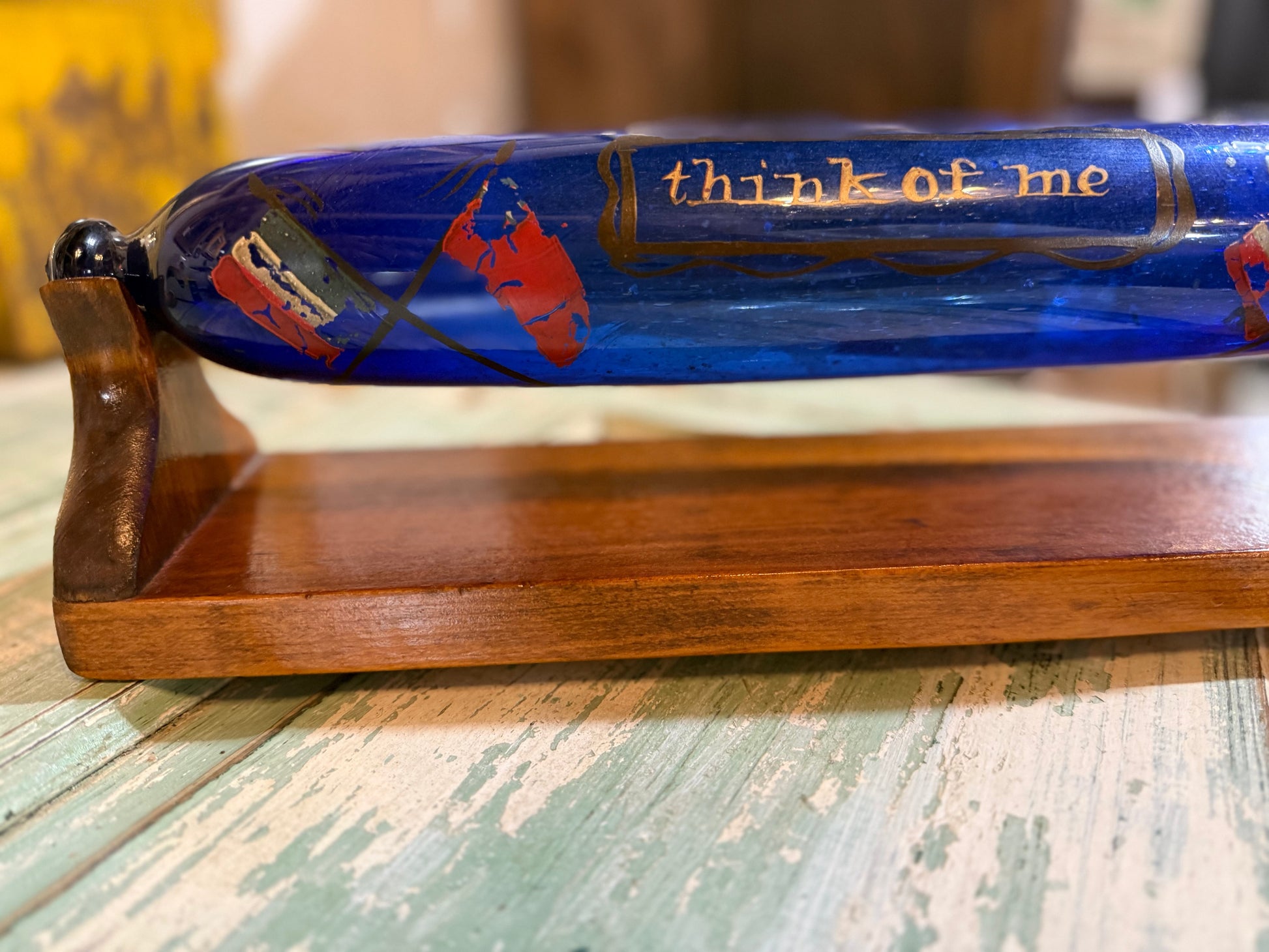 RARE Victorian Bristol Cobalt Blue Glass Rolling Pin Sailors Valentine wCustom Display Stand