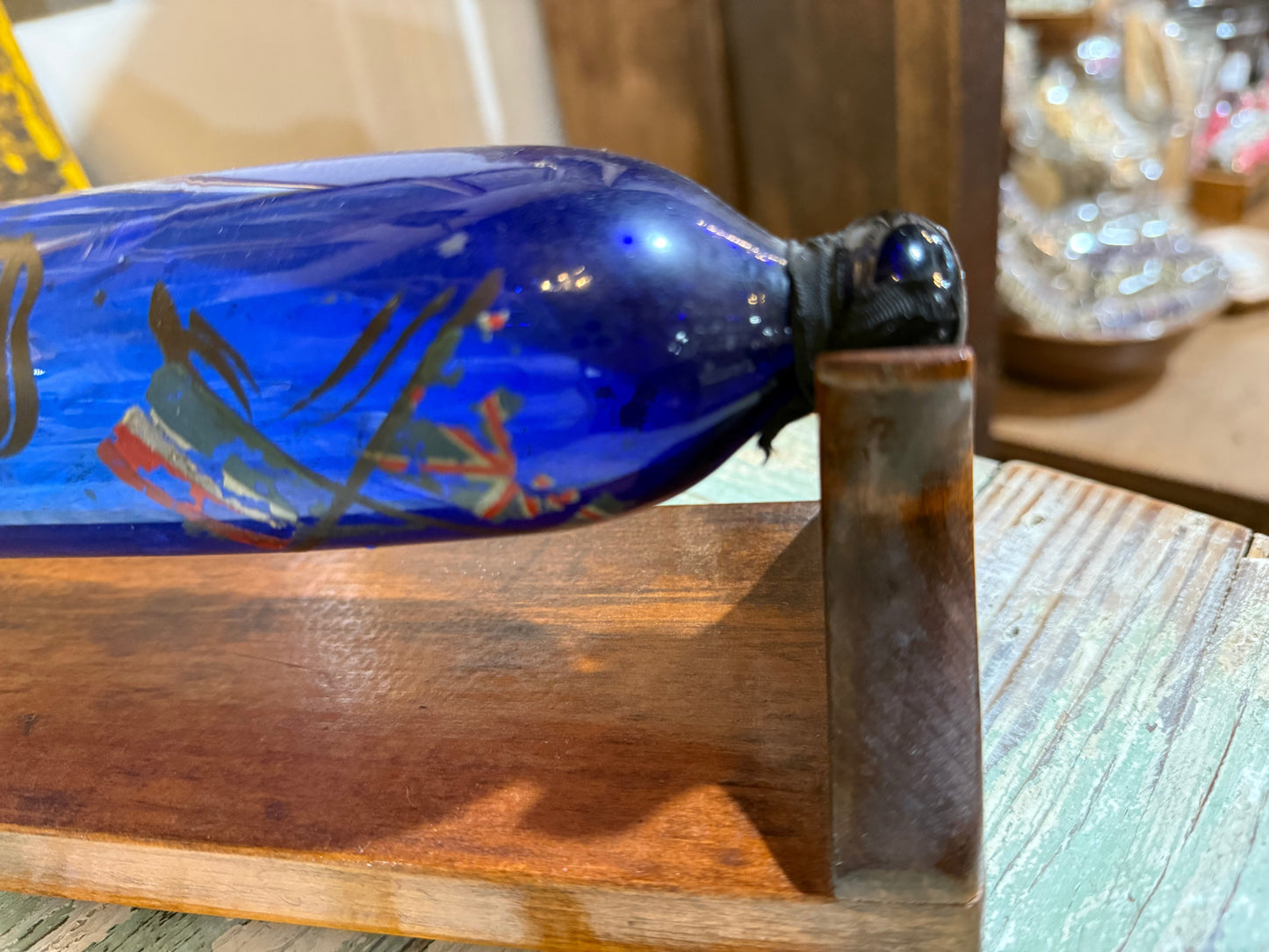 RARE Victorian Bristol Cobalt Blue Glass Rolling Pin Sailors Valentine wCustom Display Stand