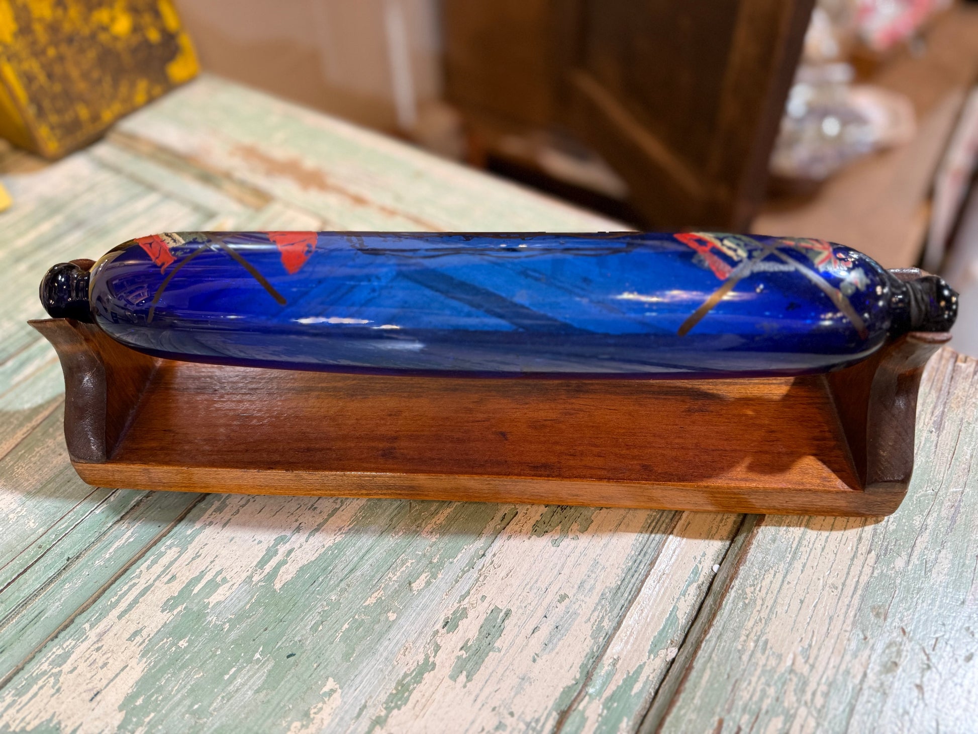 RARE Victorian Bristol Cobalt Blue Glass Rolling Pin Sailors Valentine wCustom Display Stand