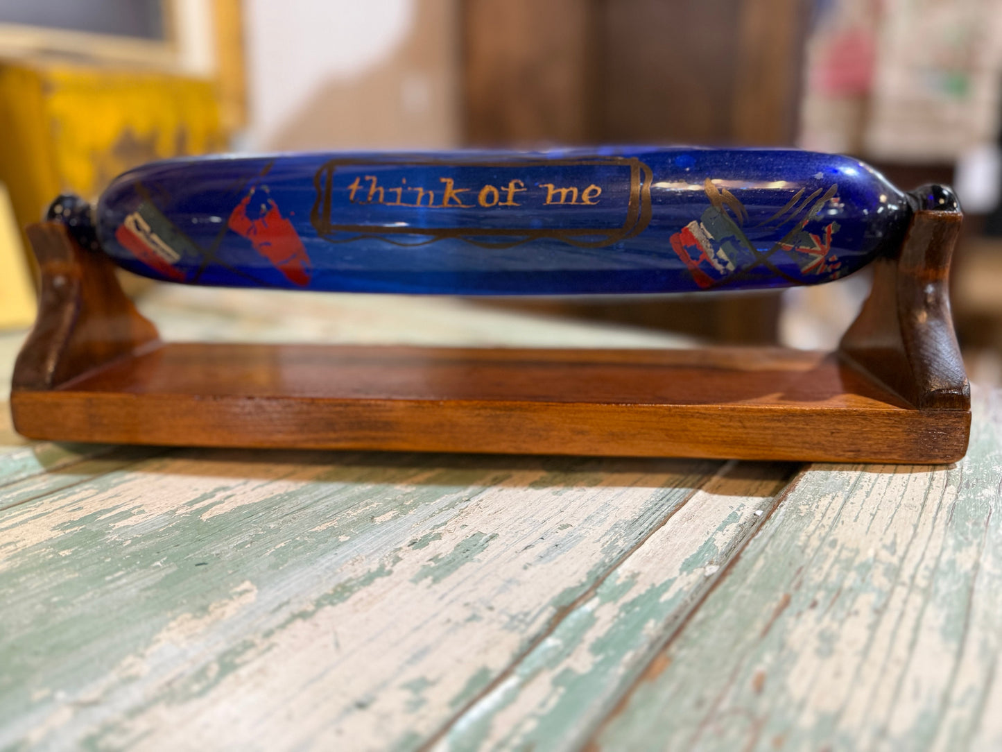 RARE Victorian Bristol Cobalt Blue Glass Rolling Pin Sailors Valentine wCustom Display Stand