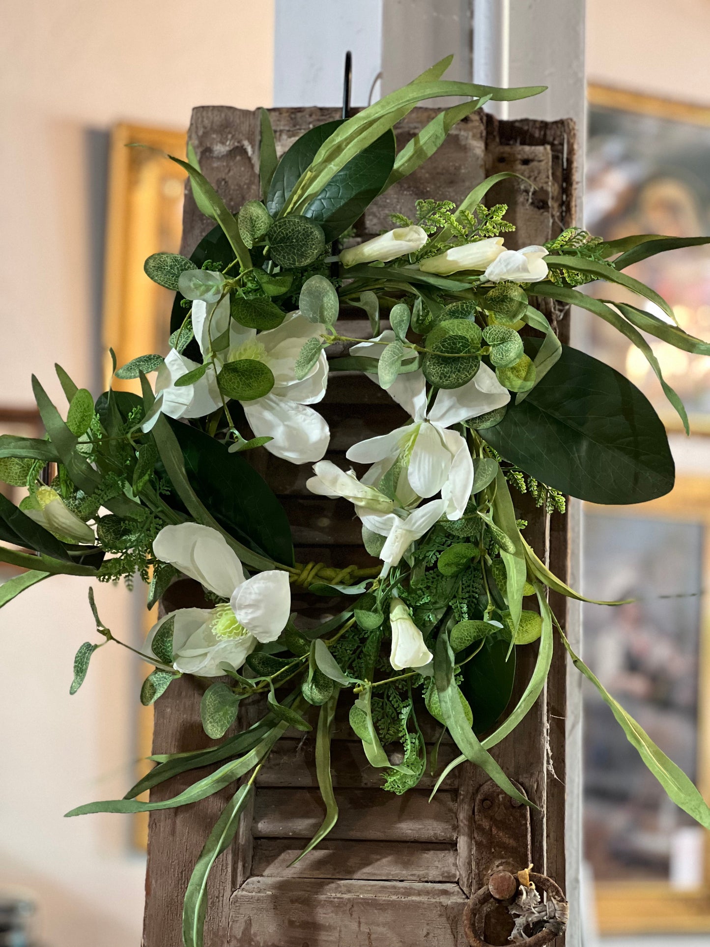 White Blossom & Foliage Wreath 16" Diameter