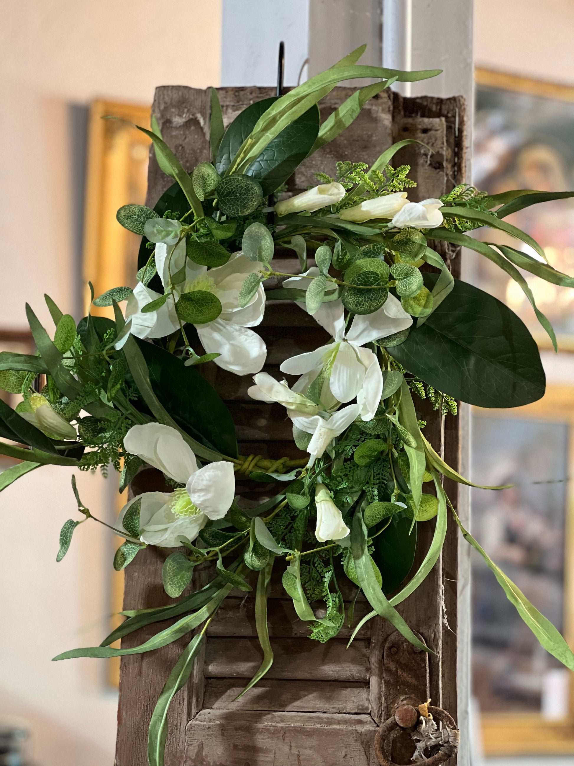 White Blossom & Foliage Wreath 16" Diameter