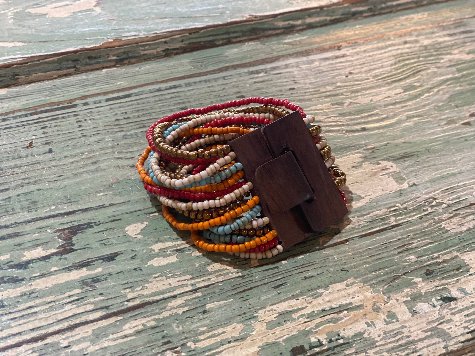 Beaded Strand Bracelet with Wood Clasp Multicolor