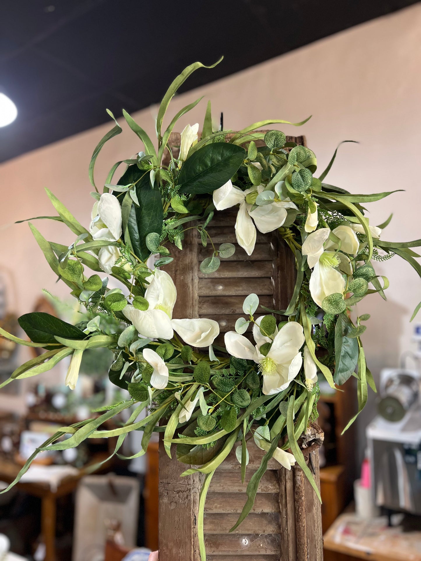 White Blossom & Foliage Wreath 20" Diameter