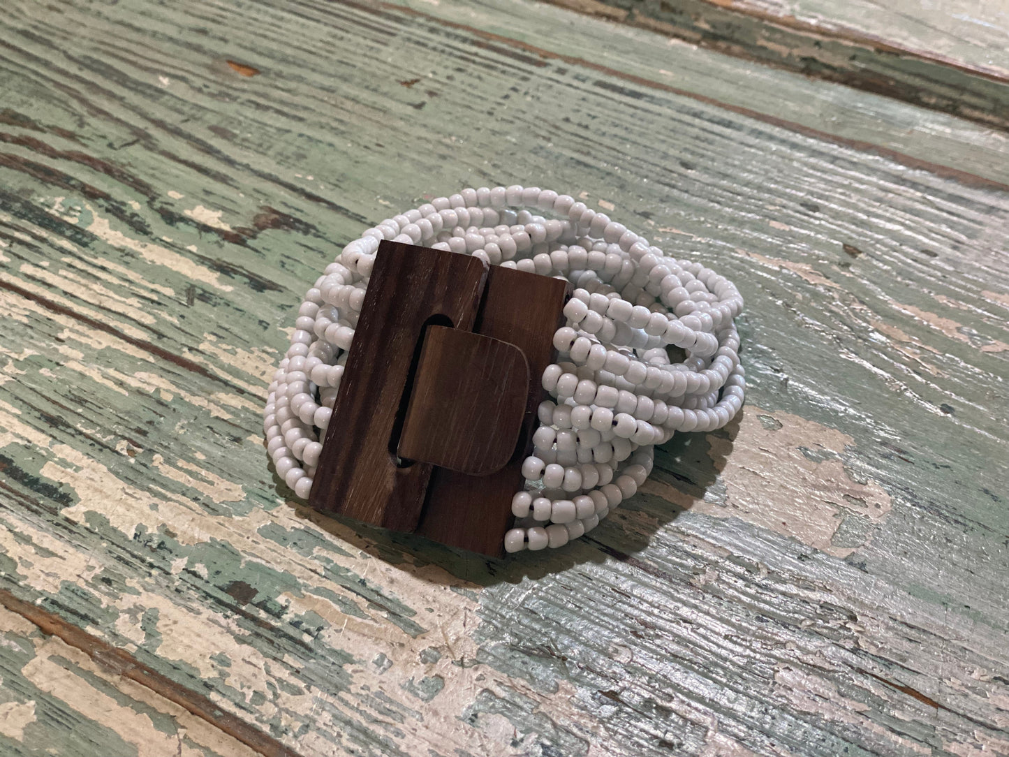 Beaded Strand Bracelet with Wood Clasp White