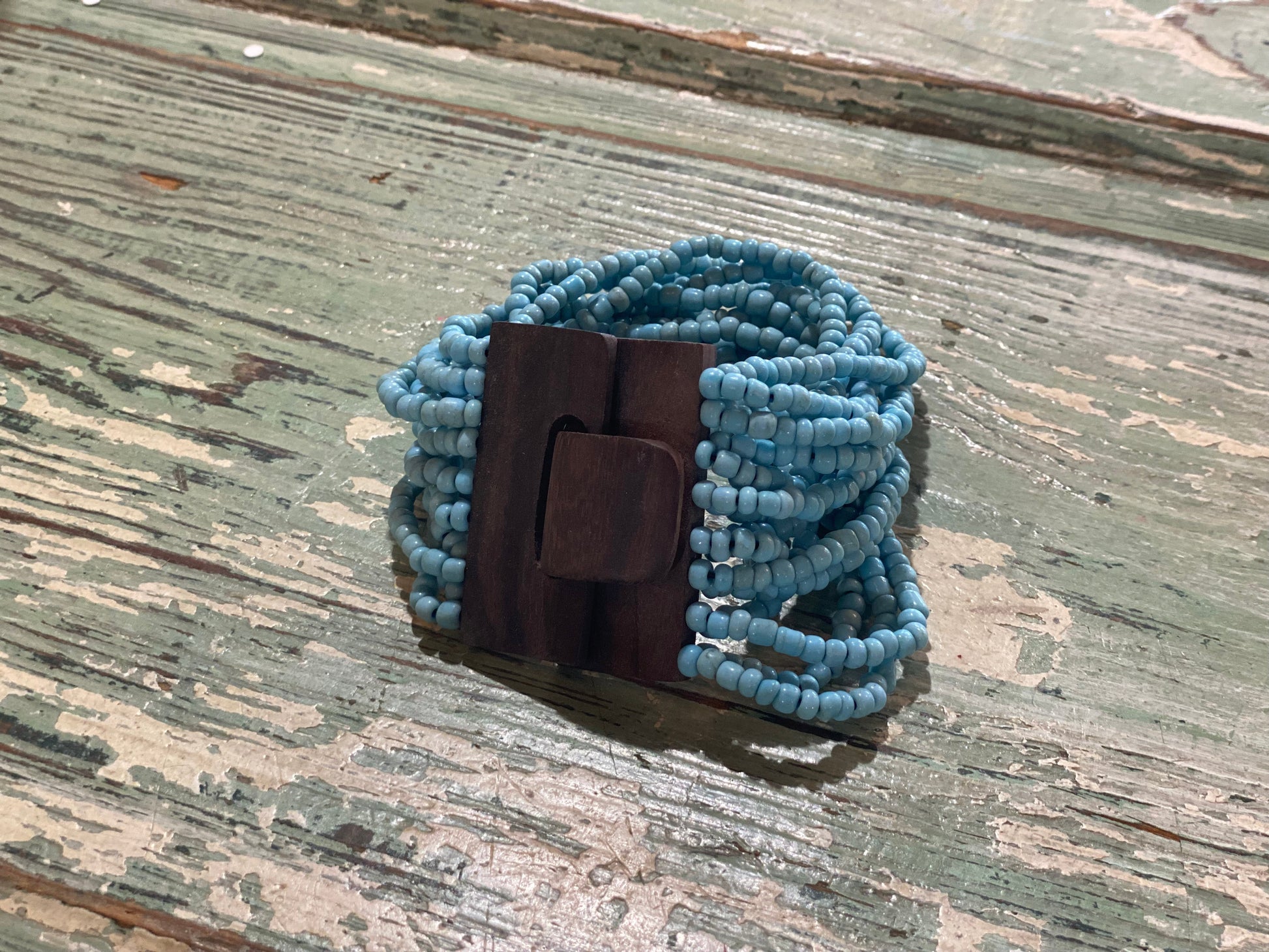 Beaded Strand Bracelet with Wood Clasp Turquoise