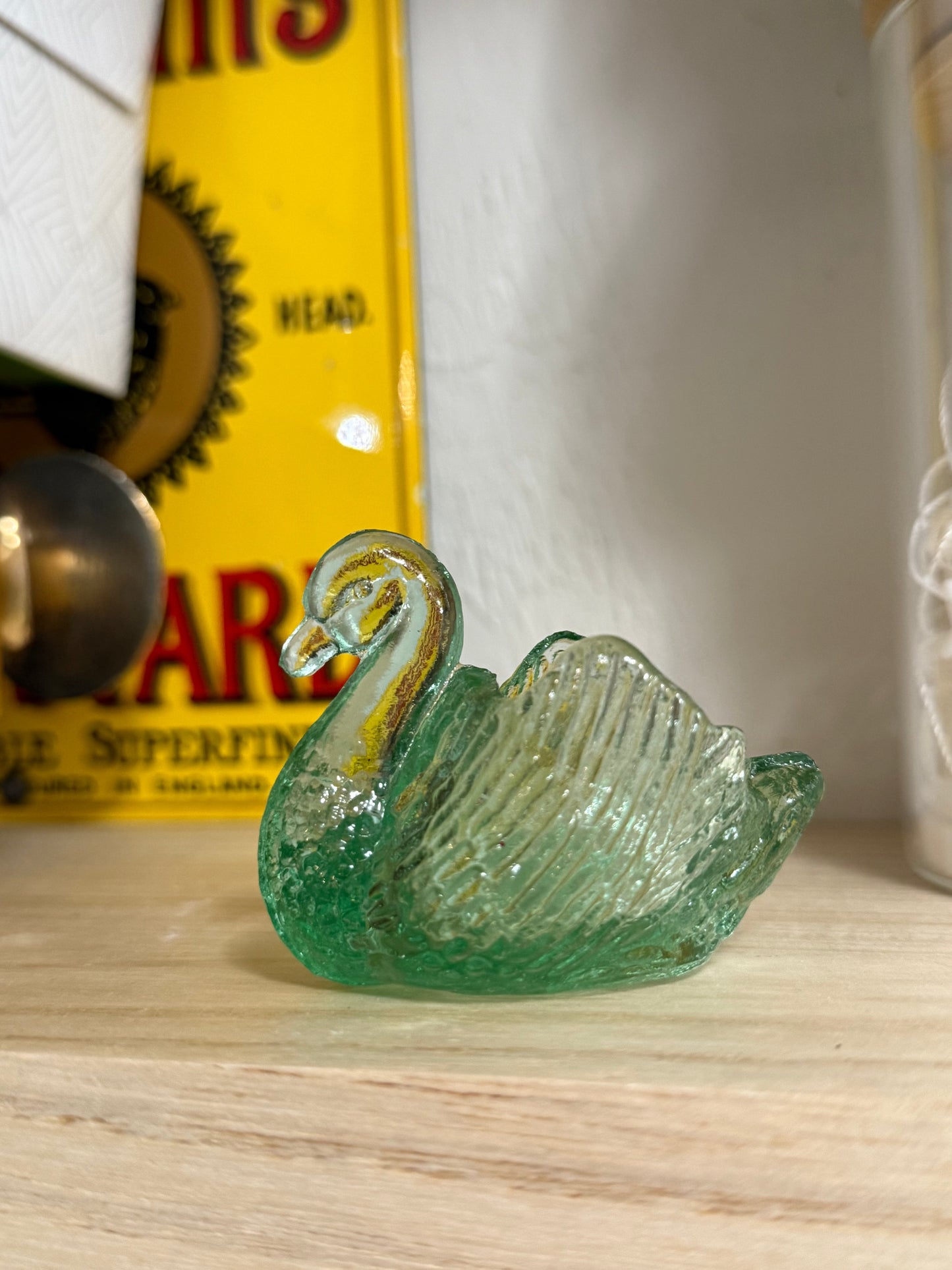 Swan Green Pressed Glass Salt Cellar or Toothpick Holder