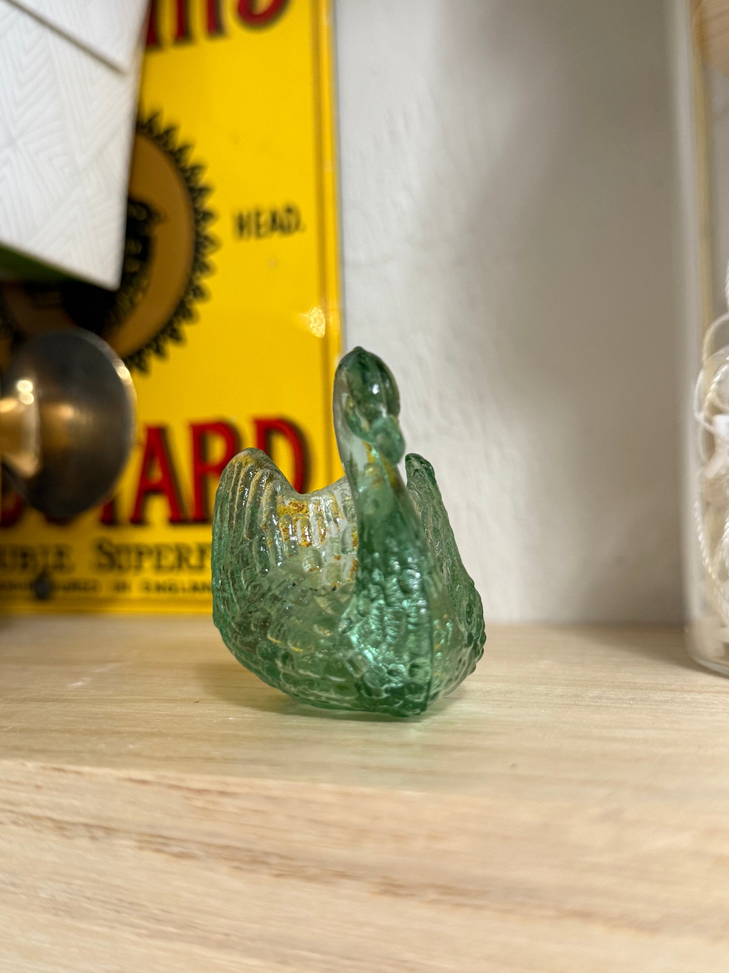 Swan Green Pressed Glass Salt Cellar or Toothpick Holder