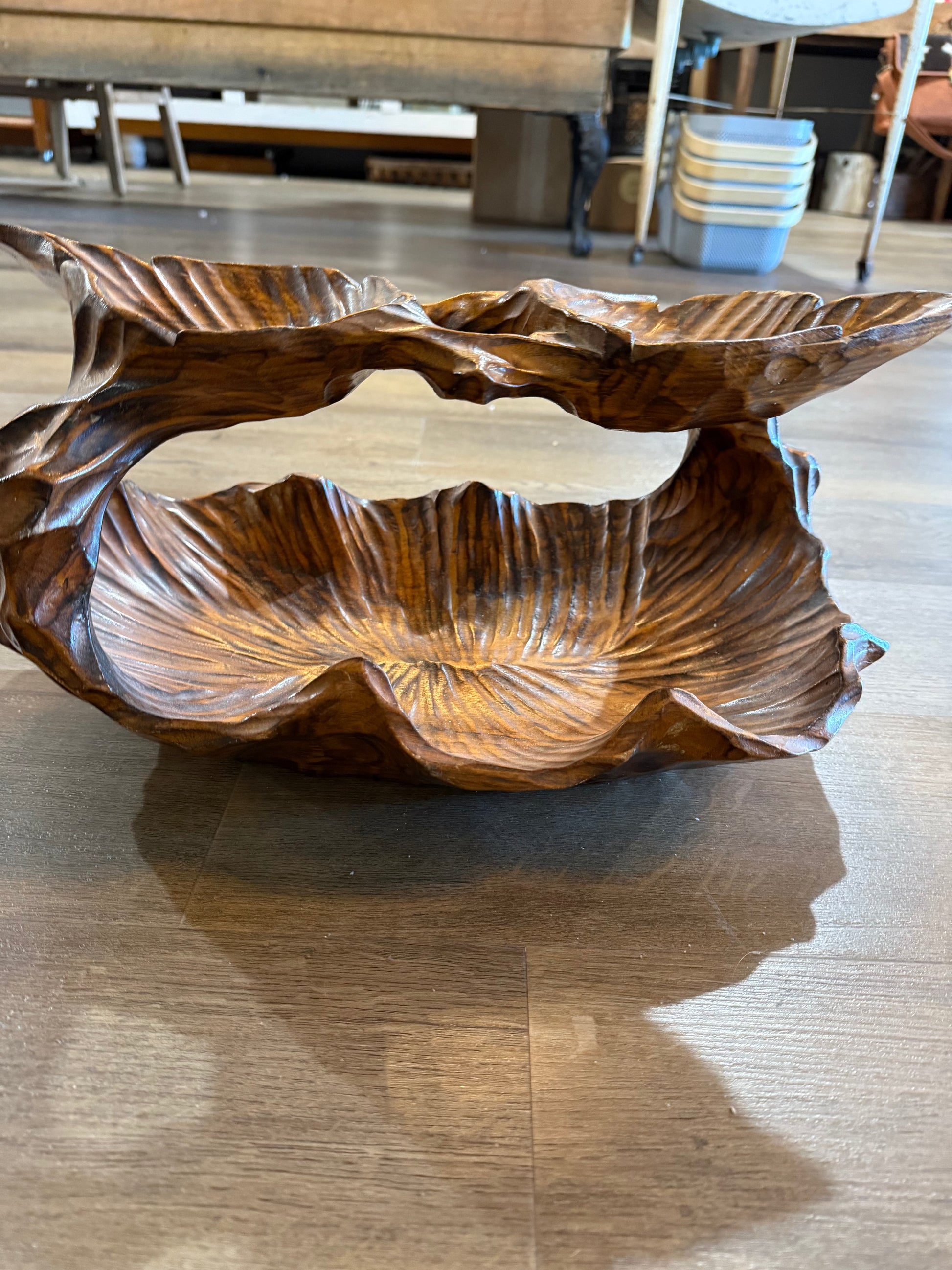 Vintage Hand Carved Burl Wood Basket