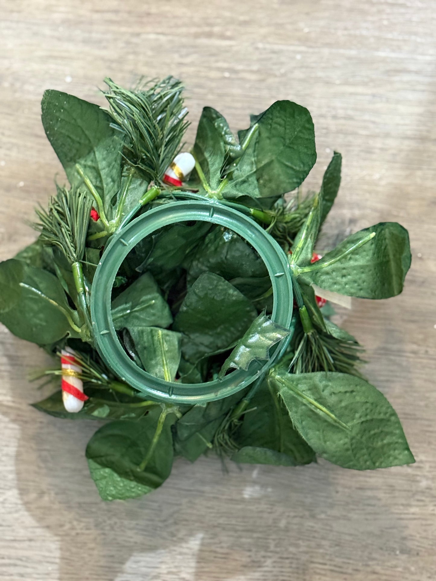 Vintage Christmas Candle Ring Centerpiece • Holly, Candy Canes & Gifts