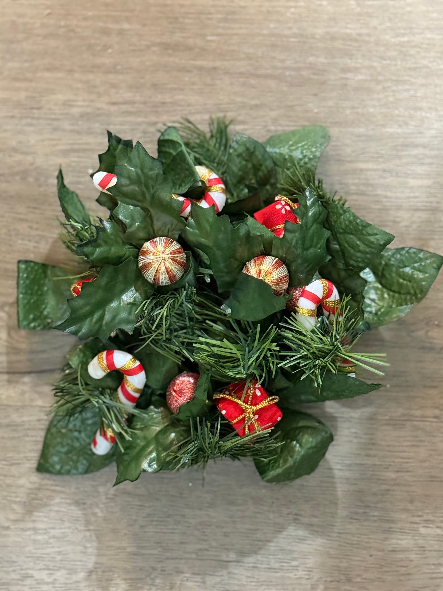 Vintage Christmas Candle Ring Centerpiece • Holly, Candy Canes & Gifts