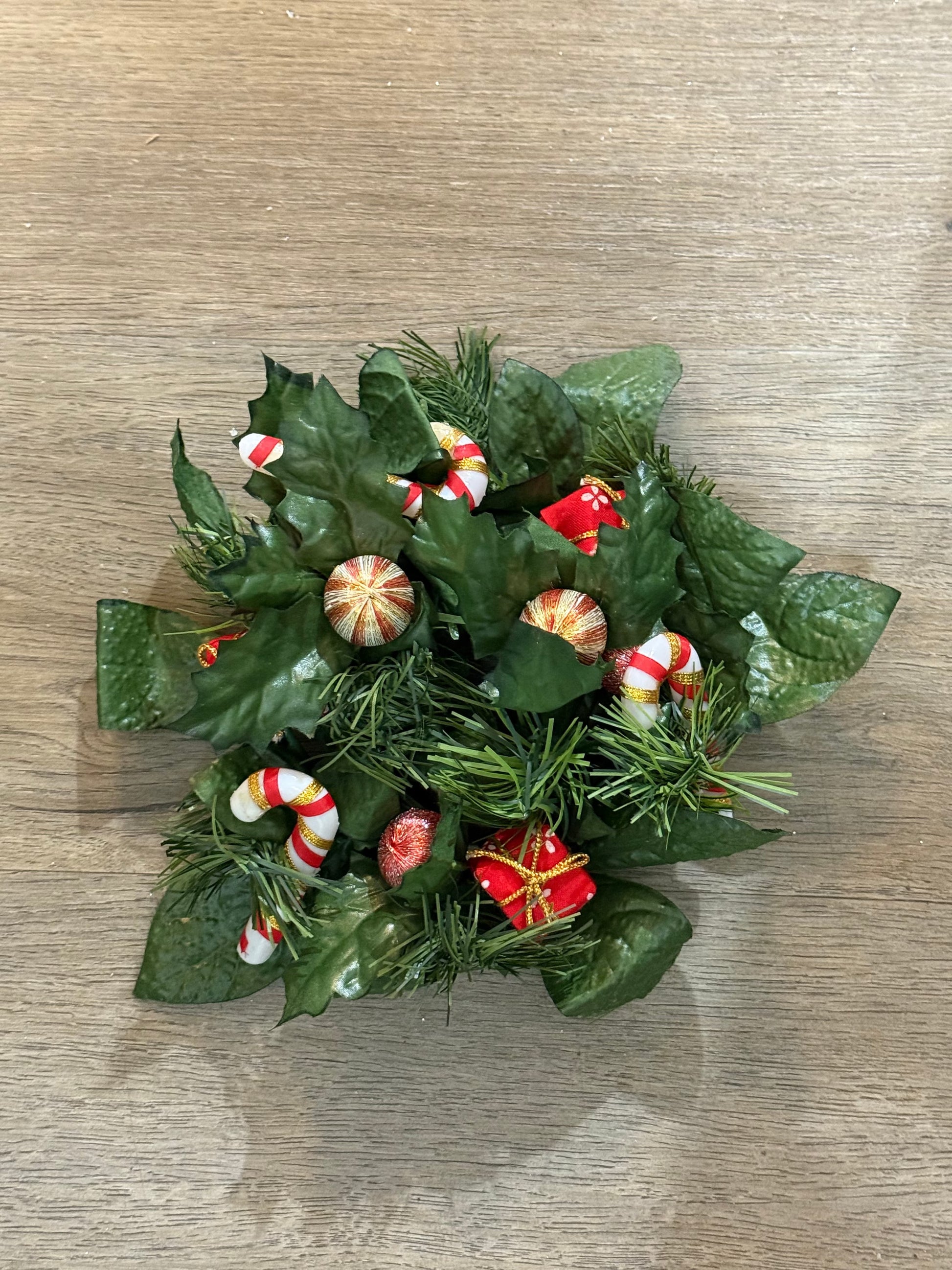 Vintage Christmas Candle Ring Centerpiece • Holly, Candy Canes & Gifts