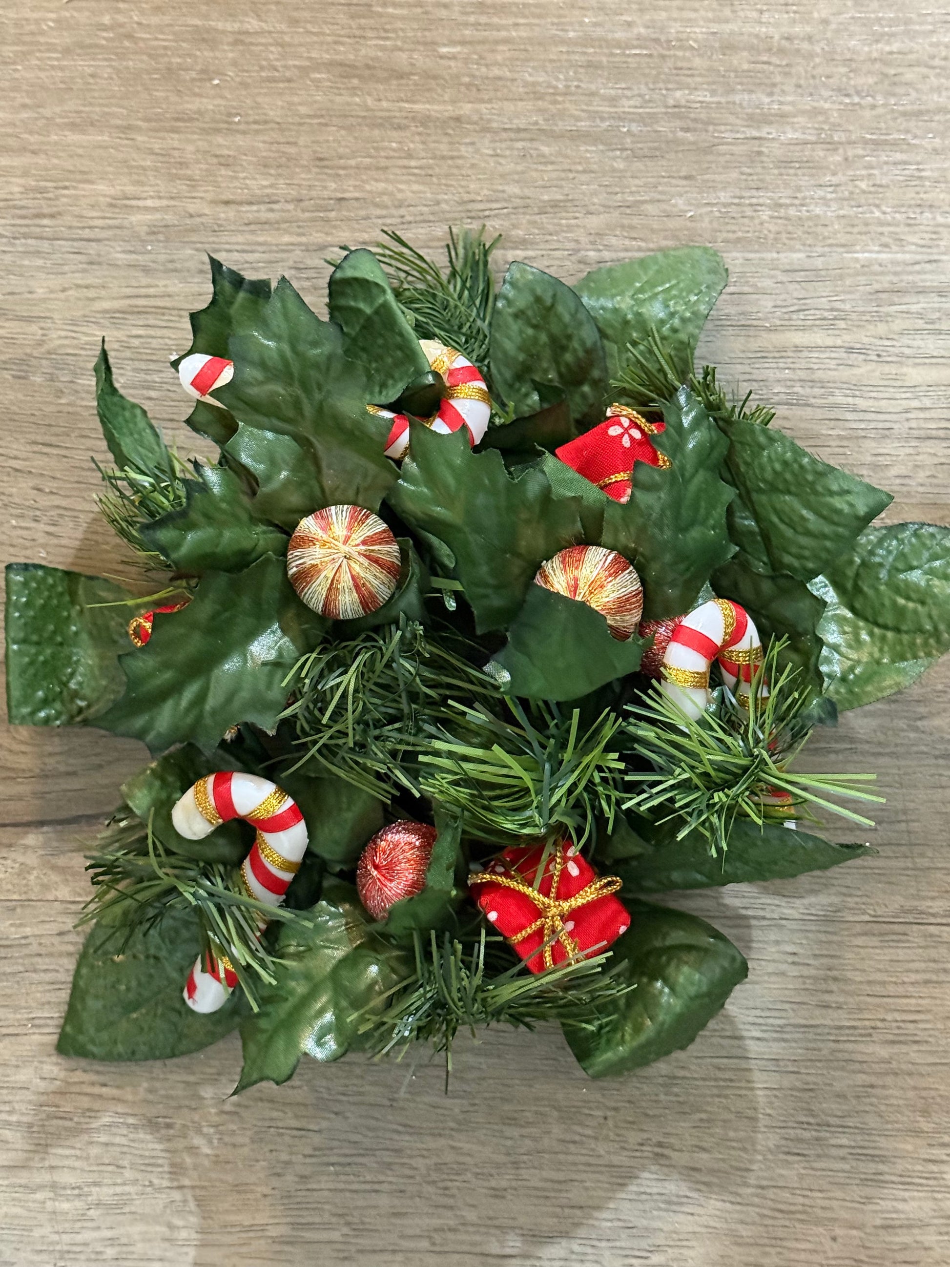 Vintage Christmas Candle Ring Centerpiece • Holly, Candy Canes & Gifts