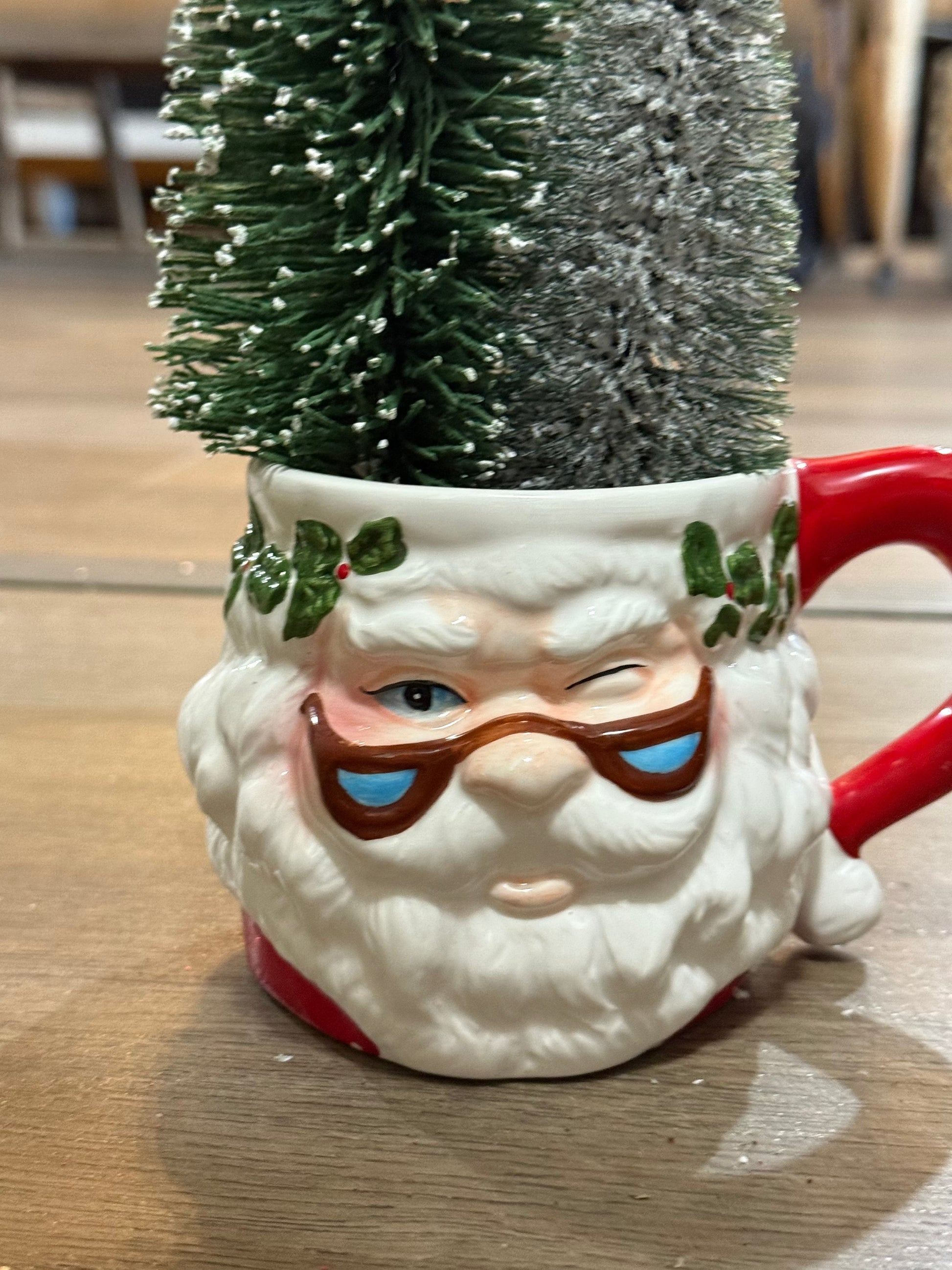 Vintage Foliage Grandpa Santa Mug with Bottle Brush Tree • Retro Christmas Decoration