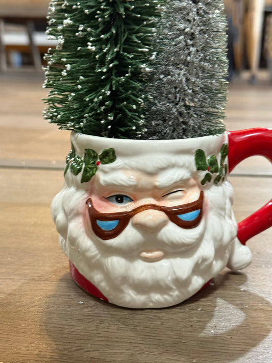 Vintage Foliage Grandpa Santa Mug with Bottle Brush Tree • Retro Christmas Decoration