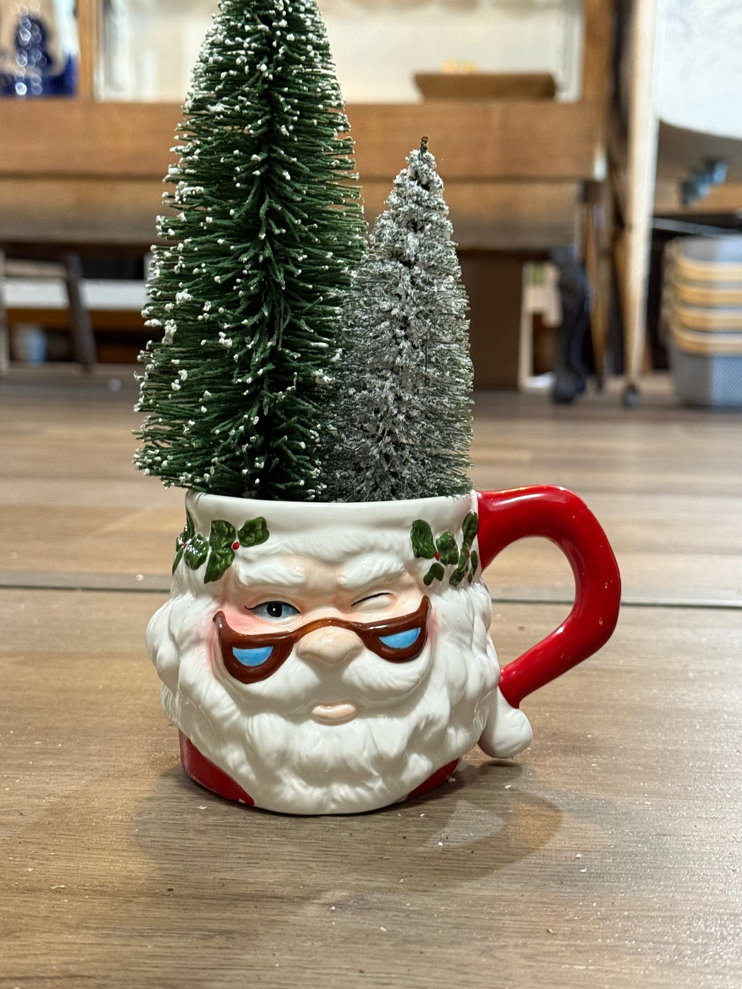 Vintage Foliage Grandpa Santa Mug with Bottle Brush Tree • Retro Christmas Decoration