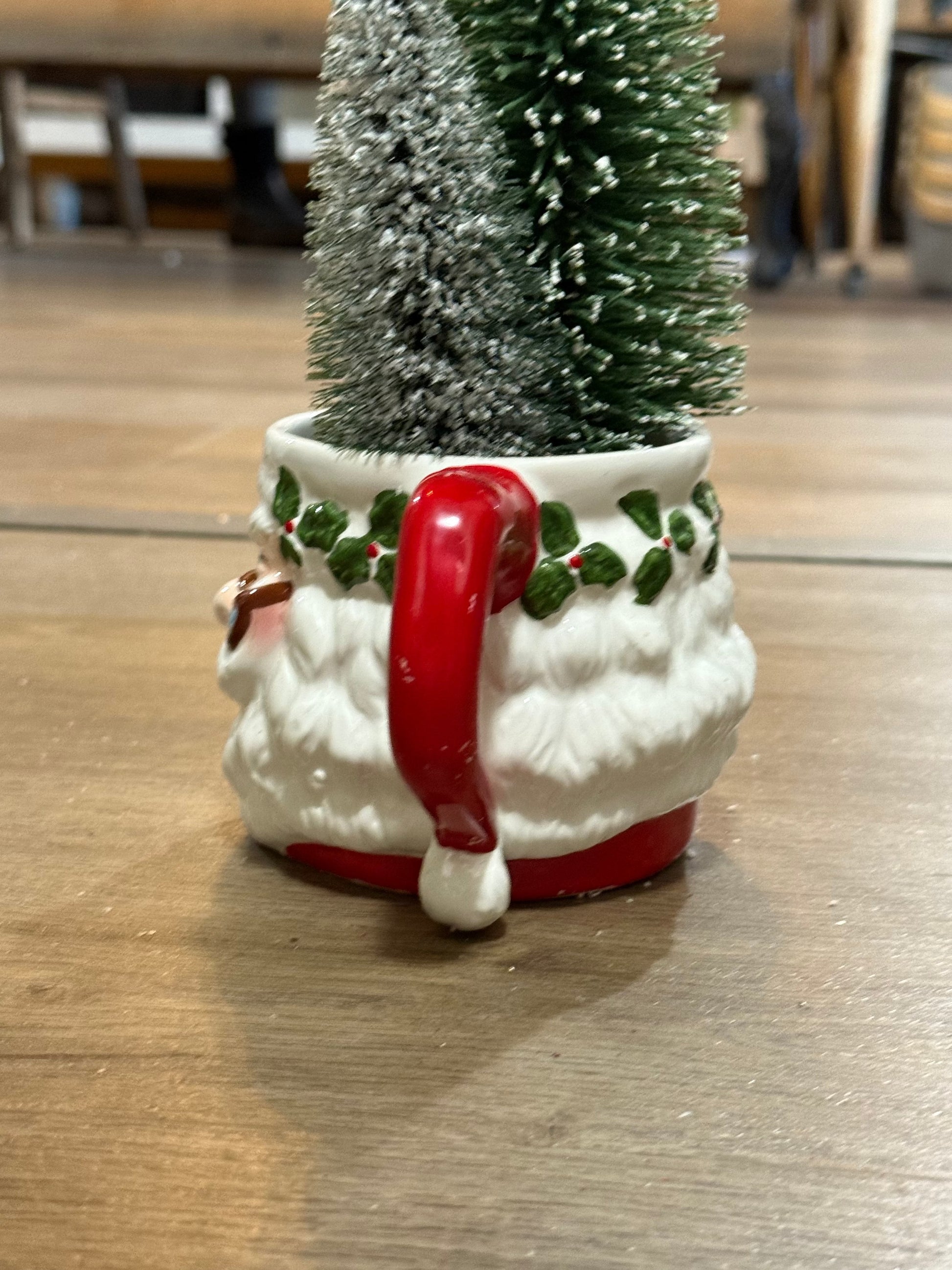 Vintage Foliage Grandpa Santa Mug with Bottle Brush Tree • Retro Christmas Decoration