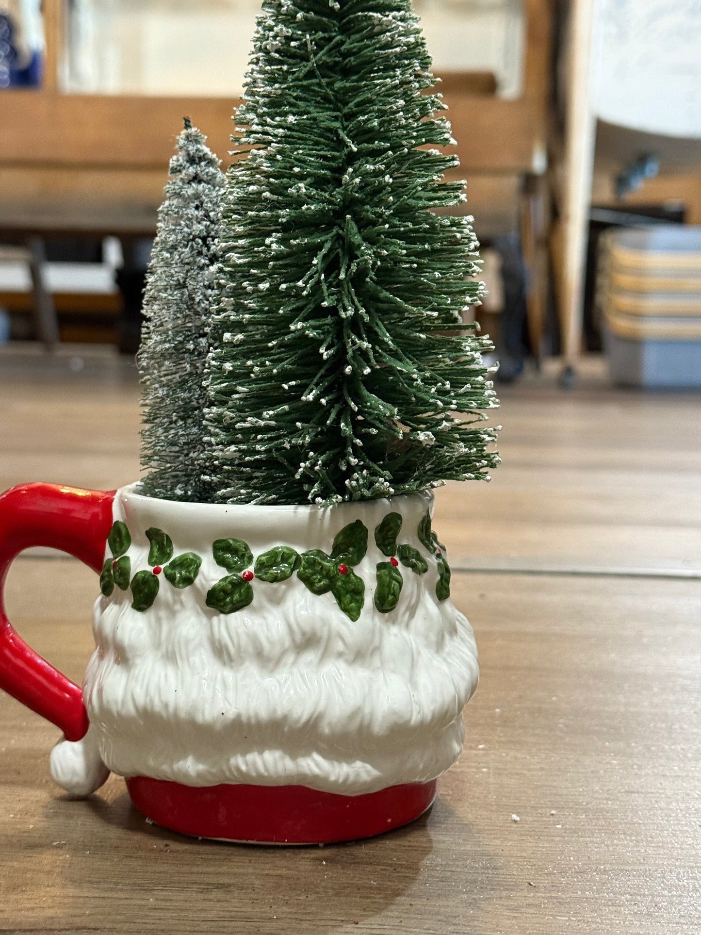 Vintage Foliage Grandpa Santa Mug with Bottle Brush Tree • Retro Christmas Decoration